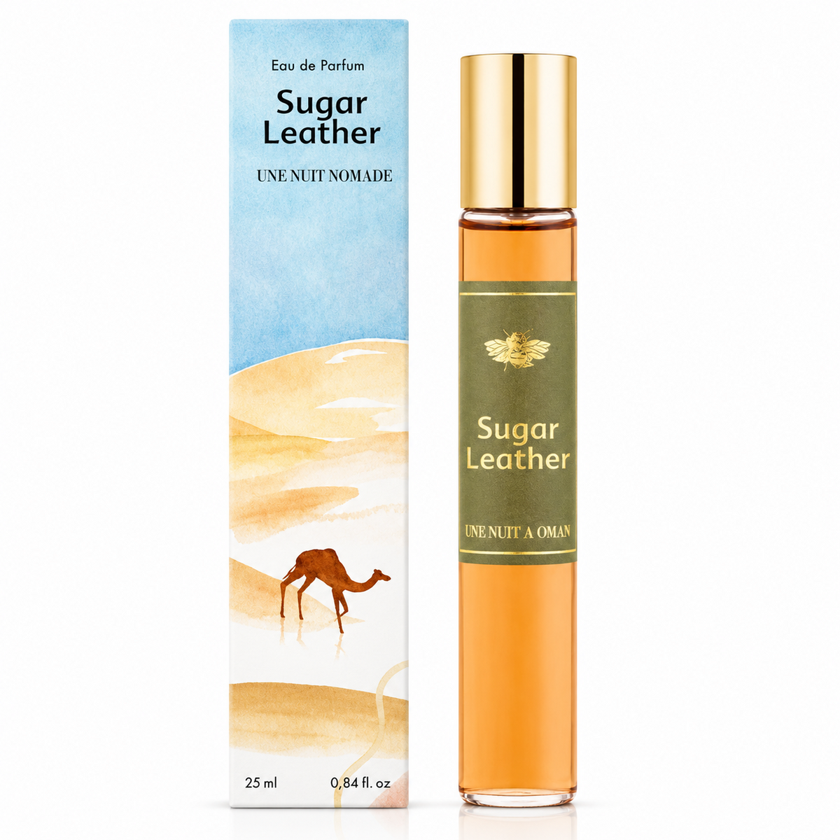 Sugar Leather d'Une Nuit Nomade, eau de parfum 25 ml, flacon de face sur fond blanc.