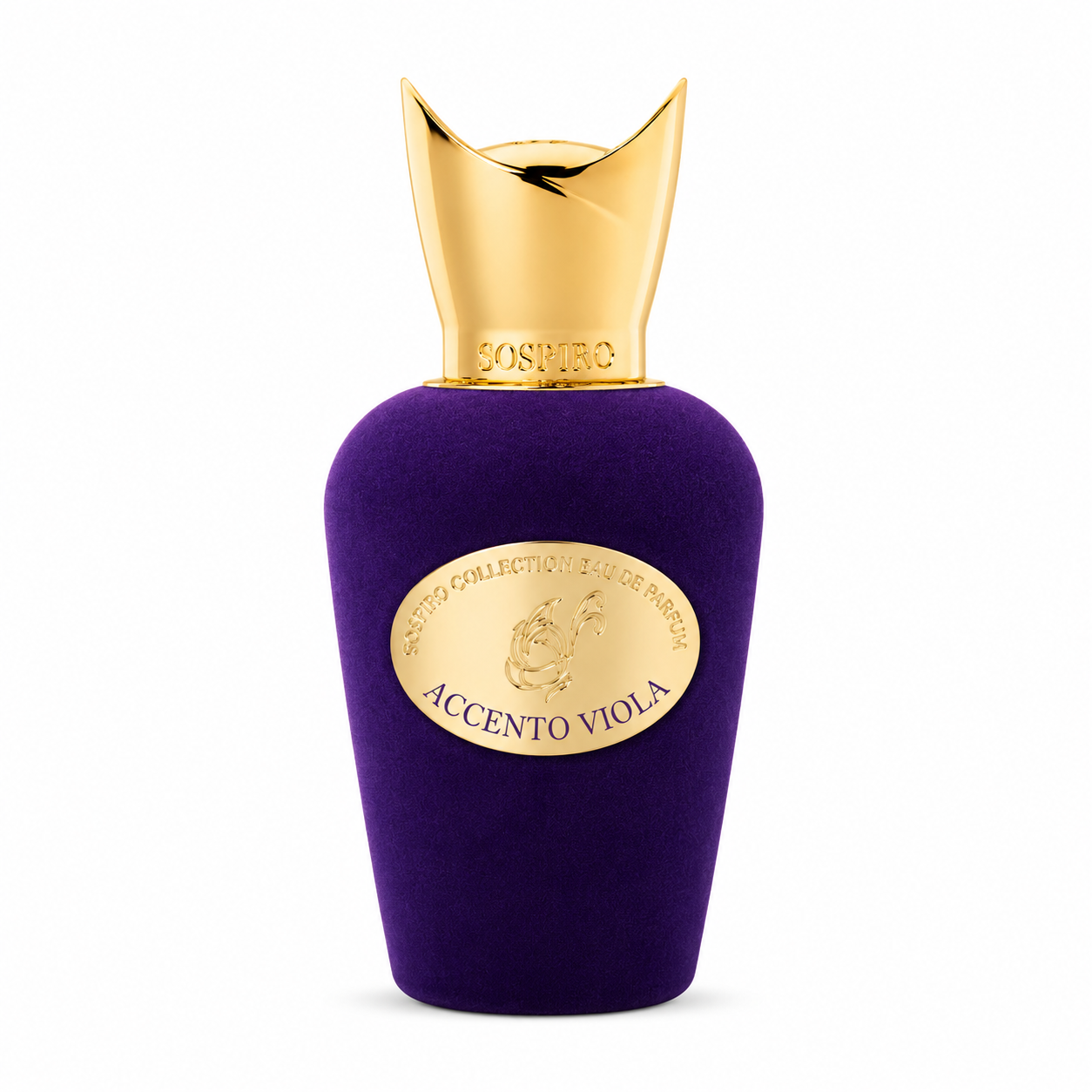 Accento Viola de Sospiro, eau de parfum 100 ml, flacon de velours violet de face sur fond blanc.
