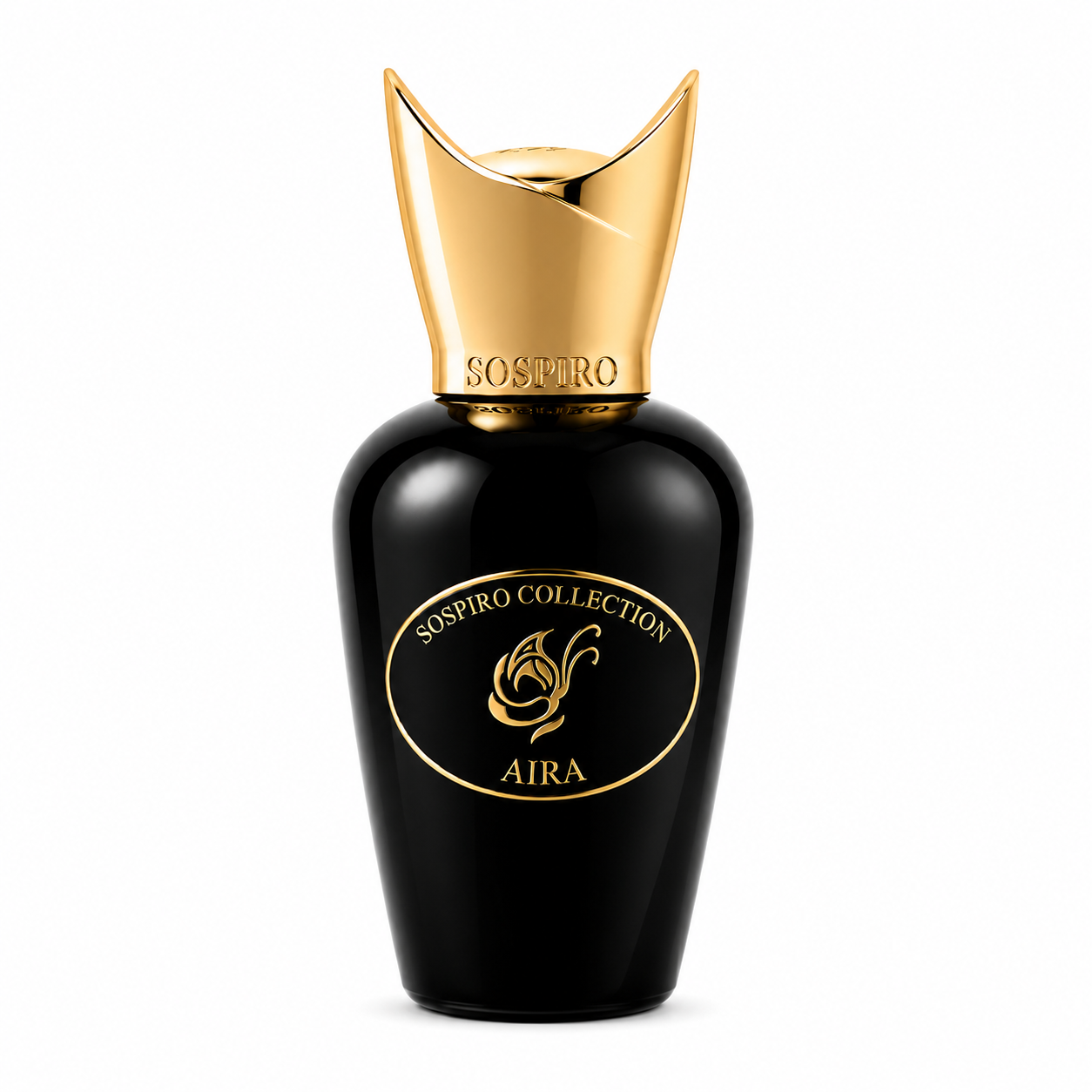 Aira de Sospiro, eau de parfum 75 ml, flacon de verre noir laqué de face sur fond blanc.
