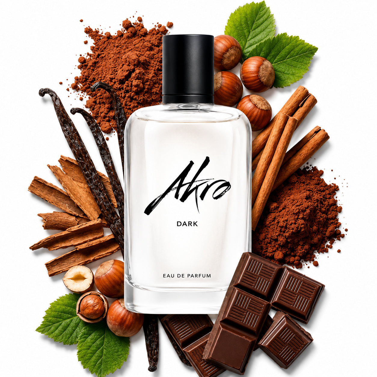 Dark d'Akro, eau de parfum 100 ml, visuel artistique de la maison.