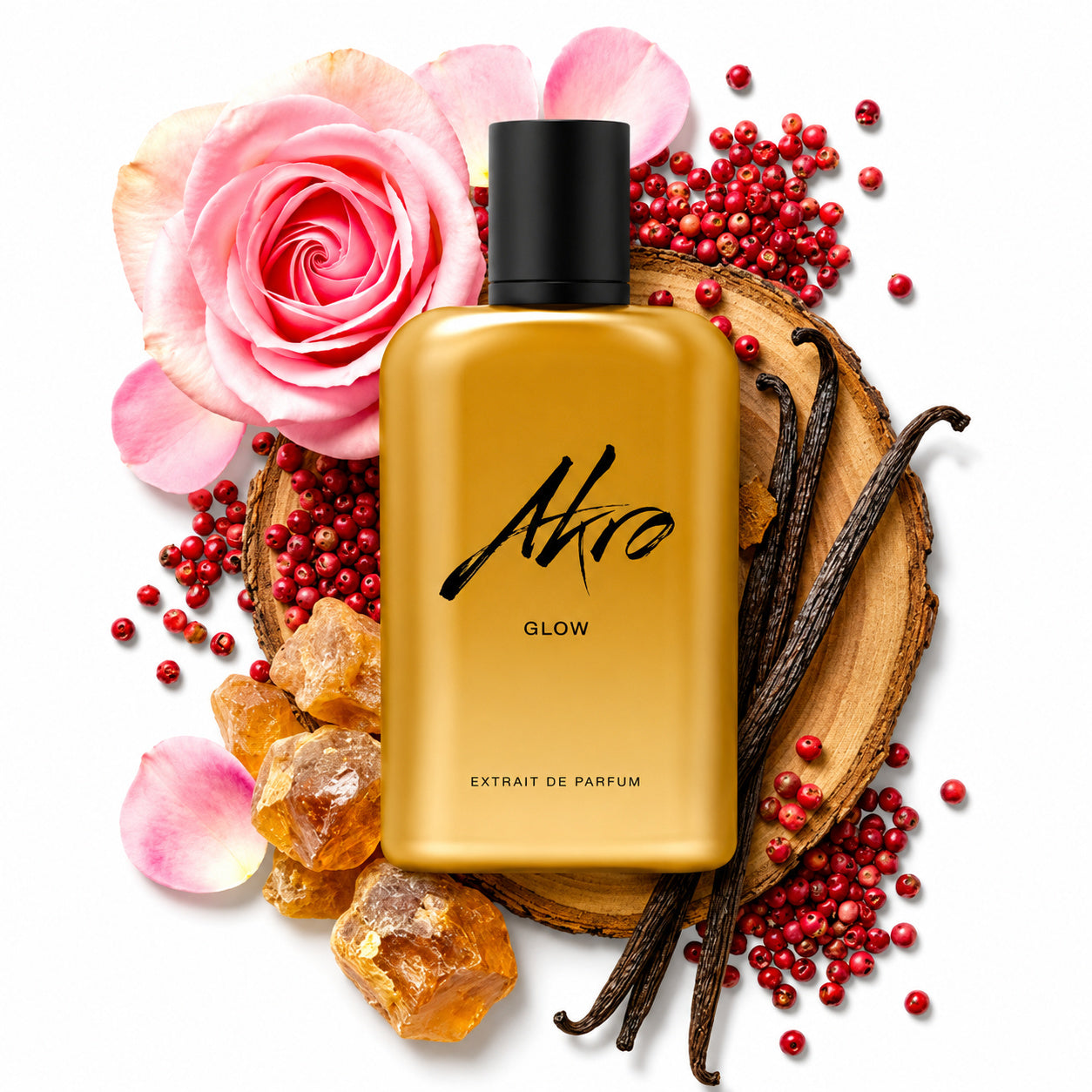 Glow d'Akro, eau de parfum 100 ml, visuel artistique de la maison.