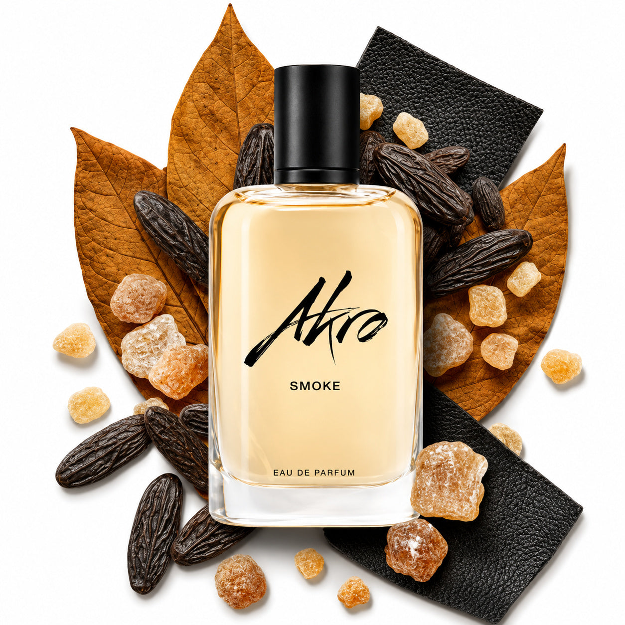 Smoke d'Akro, eau de parfum 100 ml, visuel artistique de la maison.