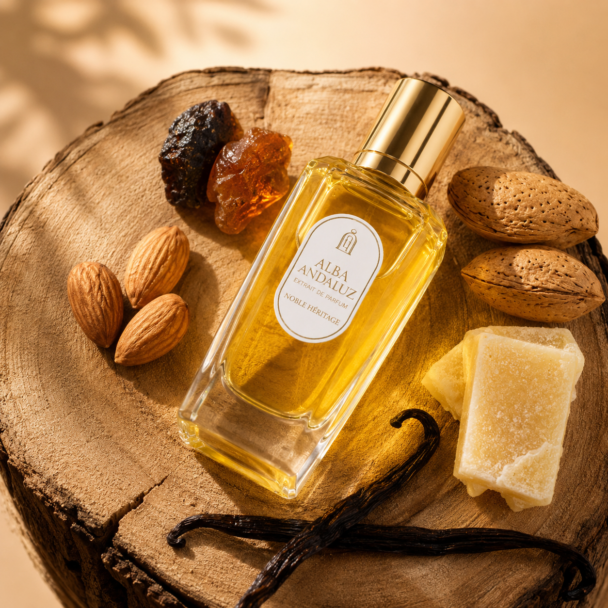 Alba Andaluz Noble Heritage Extrait de Parfum avec amandes, vanille et résines sur rondin de bois