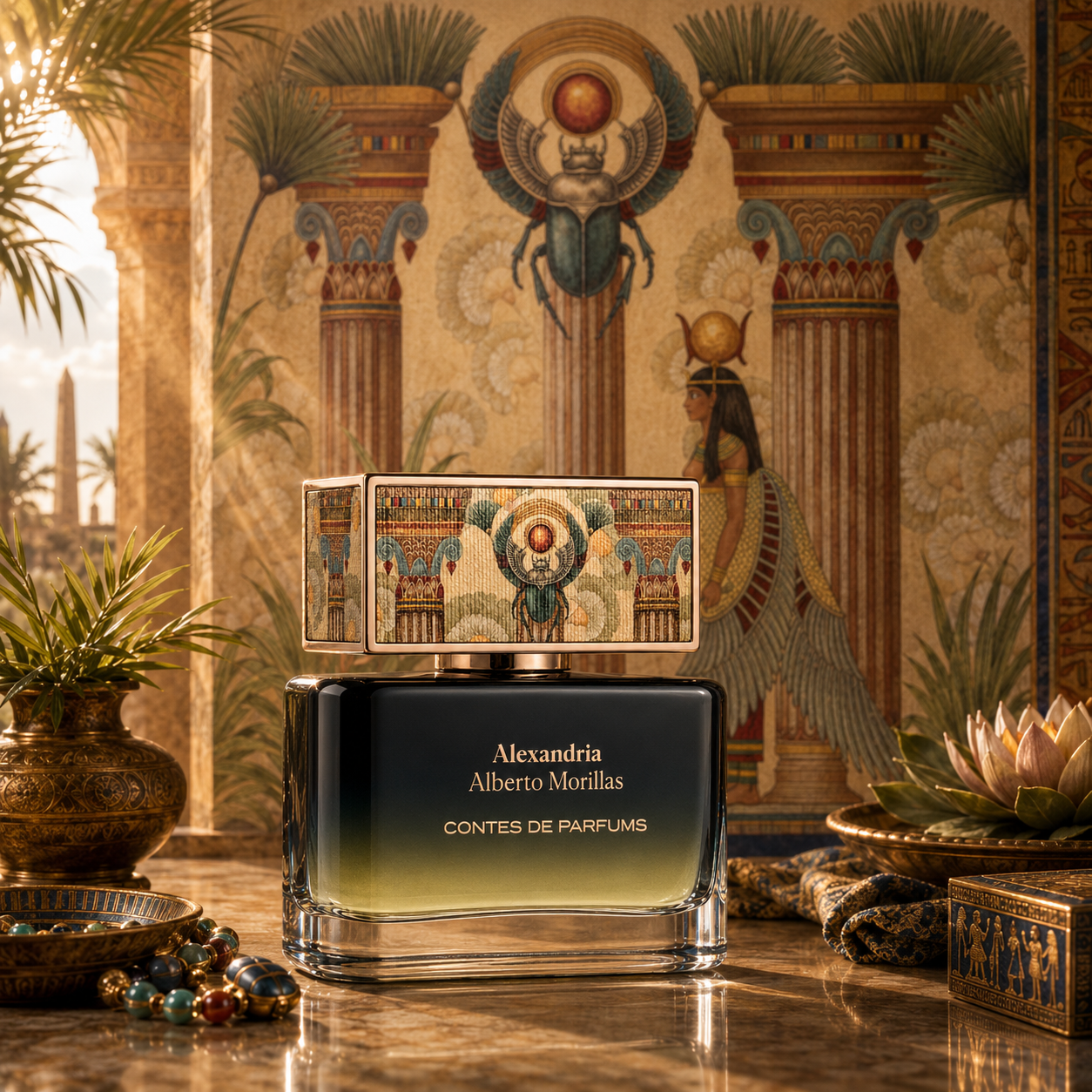Alexandria Contes de Parfums extrait de parfum 50ml collection Timeless en ambiance inspirée de l'Égypte antique avec architecture monumentale et symboles égyptiens