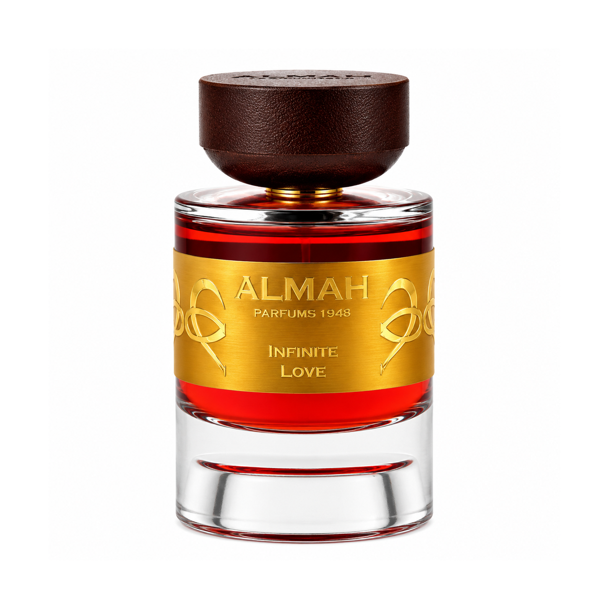Infinite Love d'Almah Parfums 1948, eau de parfum 100 ml, flacon de face sur fond blanc.