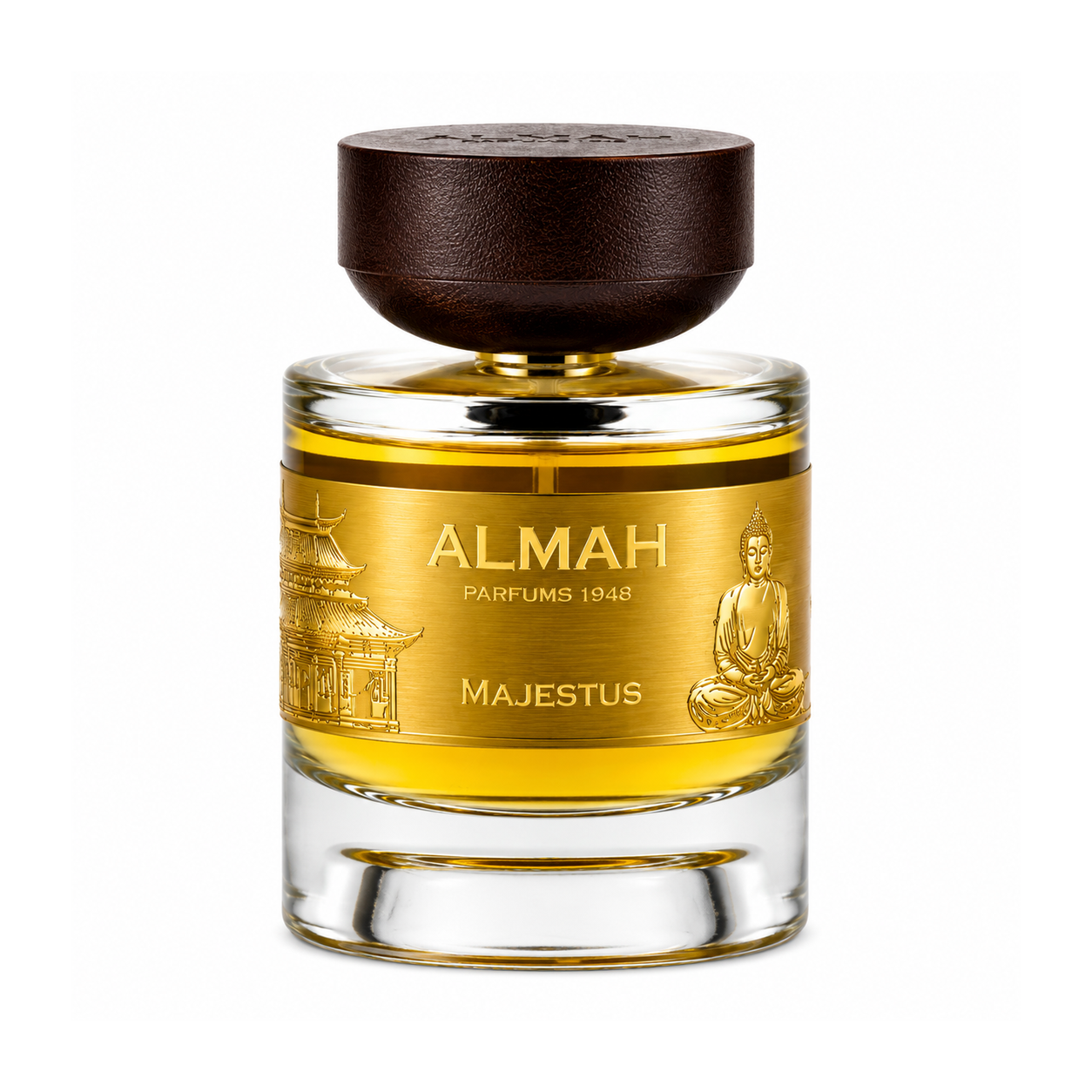 Maiestus d'Almah Parfums 1948, eau de parfum 100 ml, flacon de face sur fond blanc.