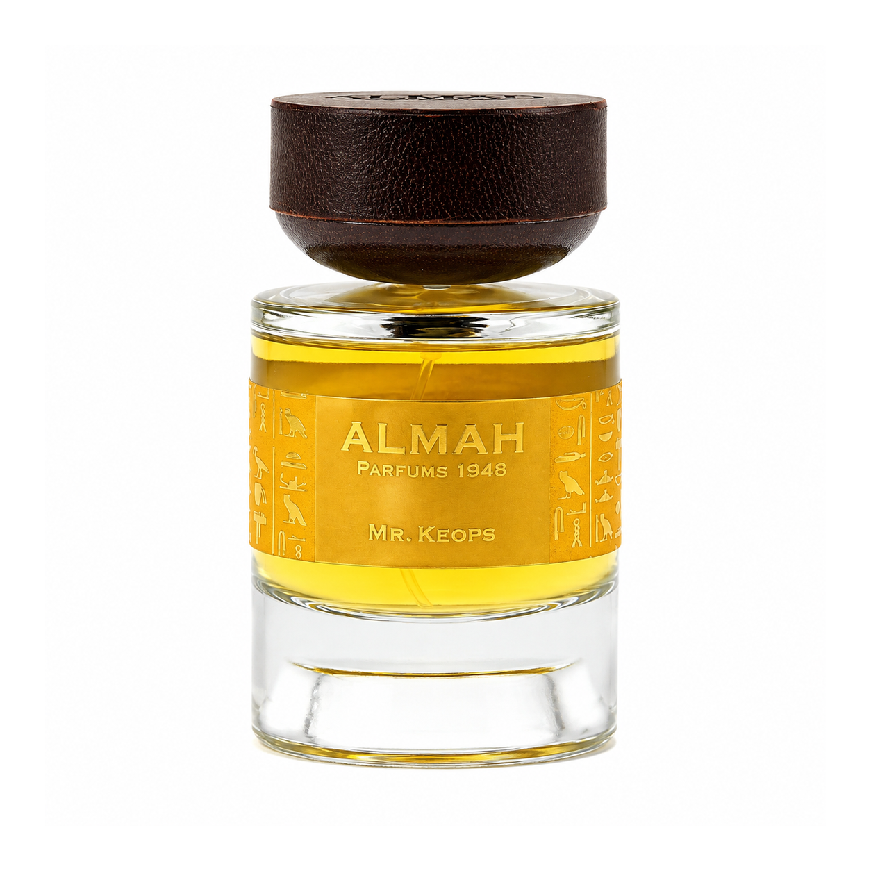 Mr. Keops d'Almah Parfums 1948, eau de parfum 100 ml, flacon de face sur fond blanc.