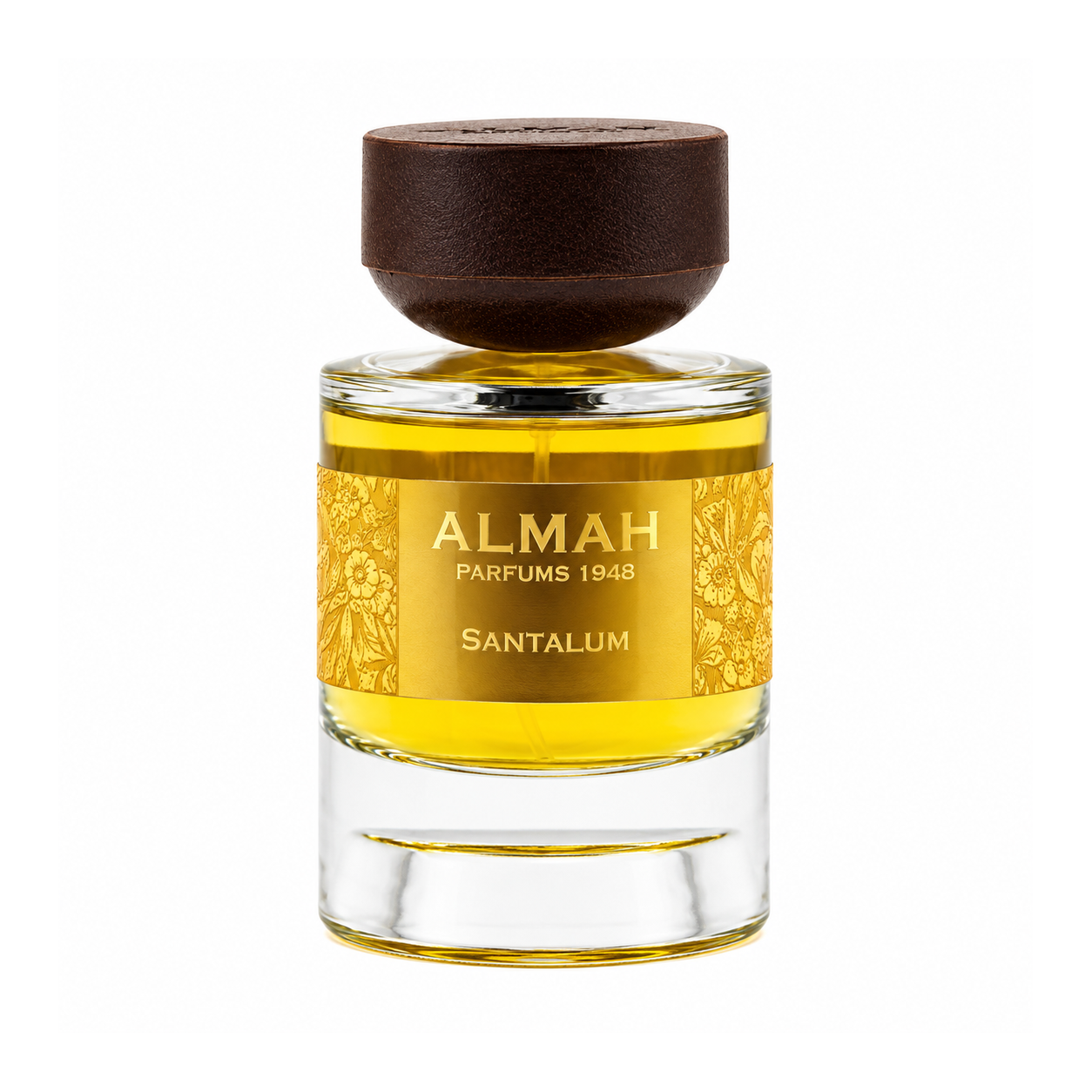 Santalum d'Almah Parfums 1948, eau de parfum 100 ml, flacon de face sur fond blanc.