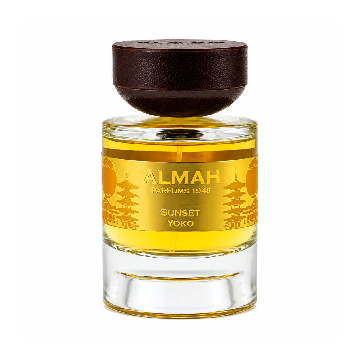 Sunset Yoko d'Almah Parfums 1948, eau de parfum 100 ml, flacon de face sur fond blanc.