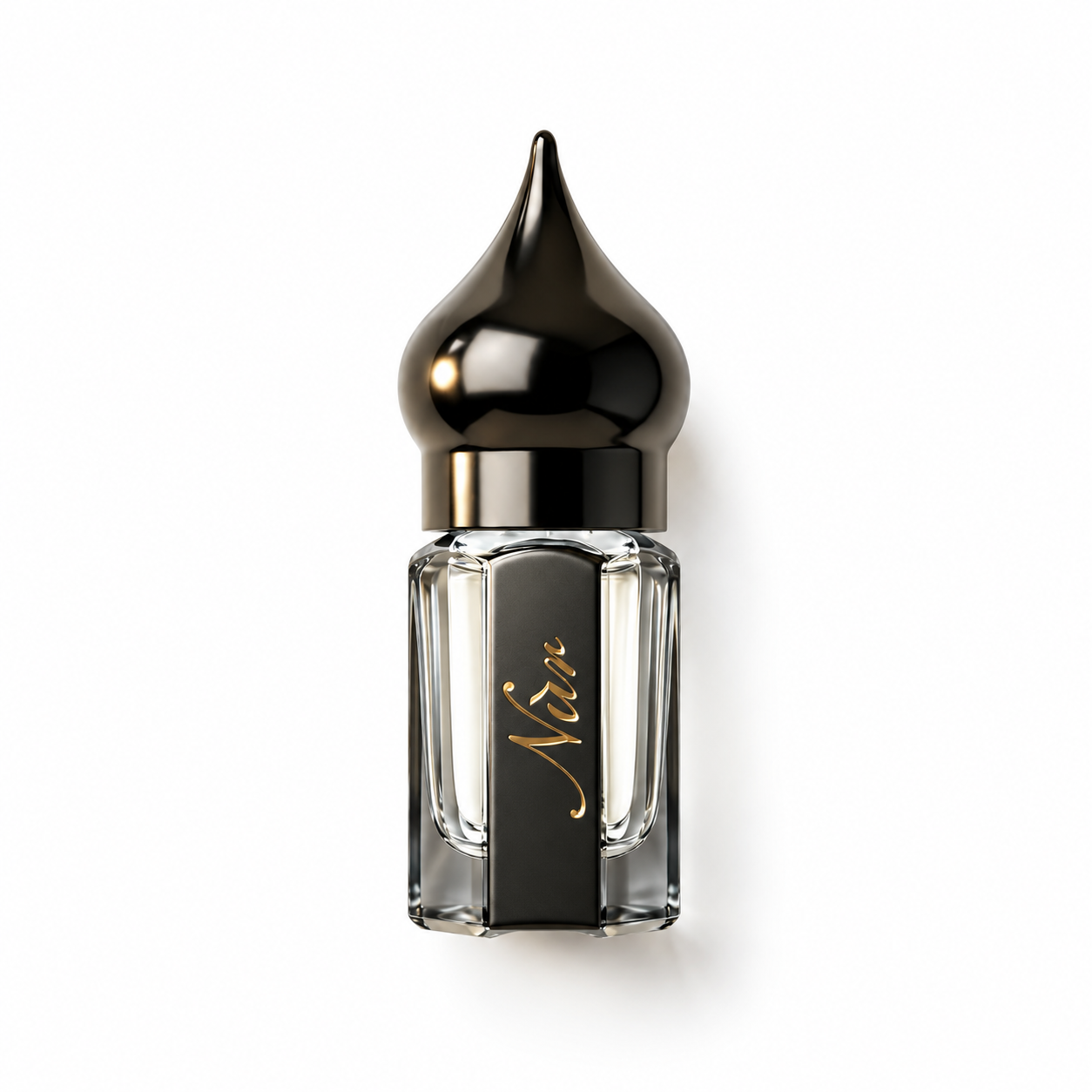 Amande Cachemire de NÛR, élixir de parfum 3 ml, flacon de face sur fond blanc.