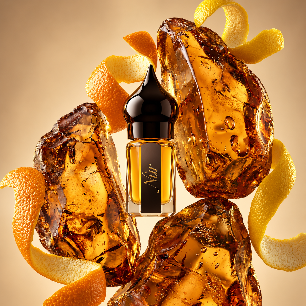 Ambre Agrumes de NÛR, élixir de parfum 3 ml, mise en scène évoquant les résines de myrrhe et les agrumes de Méditerranée.