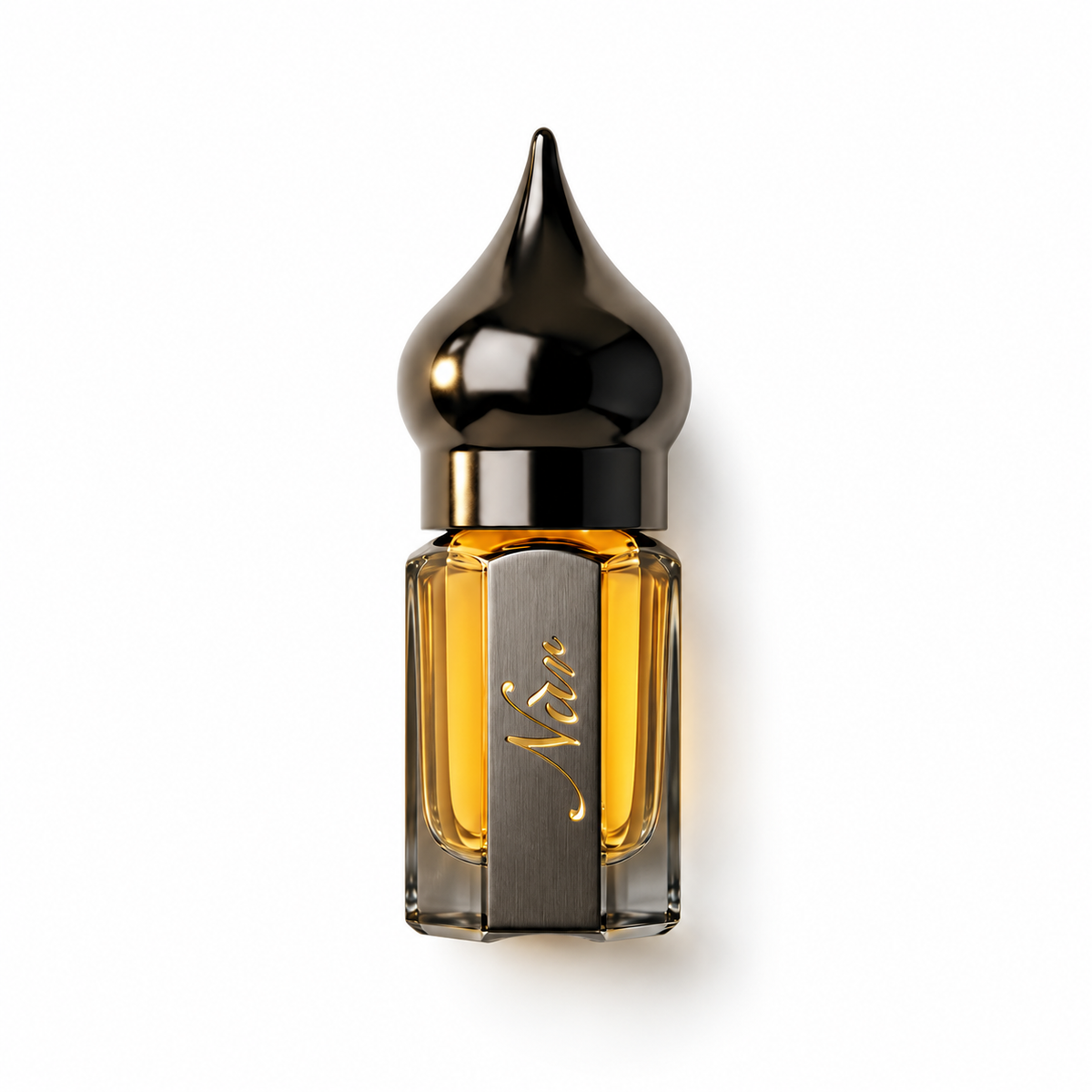 Ambre Agrumes de NÛR, élixir de parfum 3 ml, flacon de face sur fond blanc.