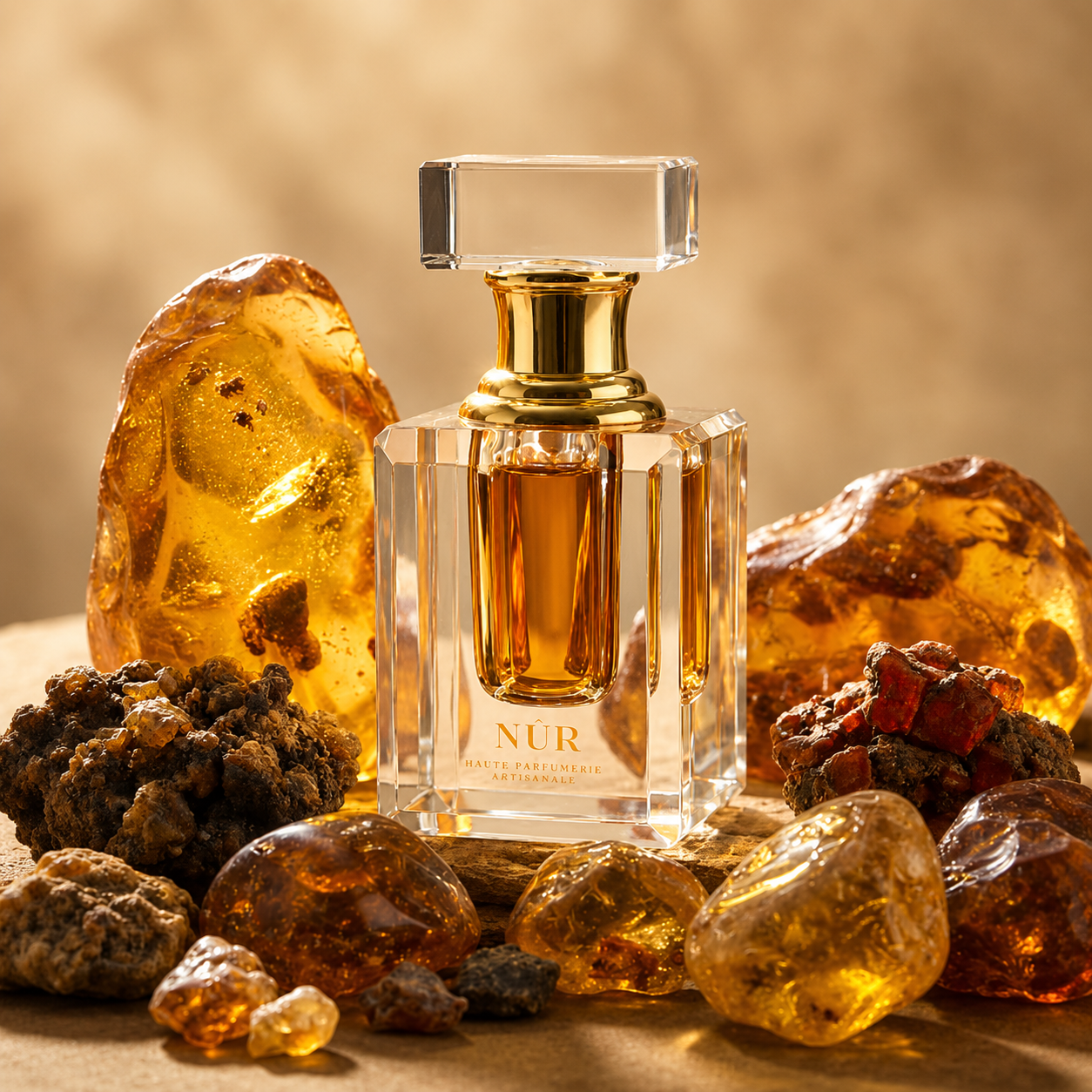 Ambre Mysore de NÛR, élixir de parfum 3 ml, mise en scène évoquant les résines ambrées et le santal de Mysore.