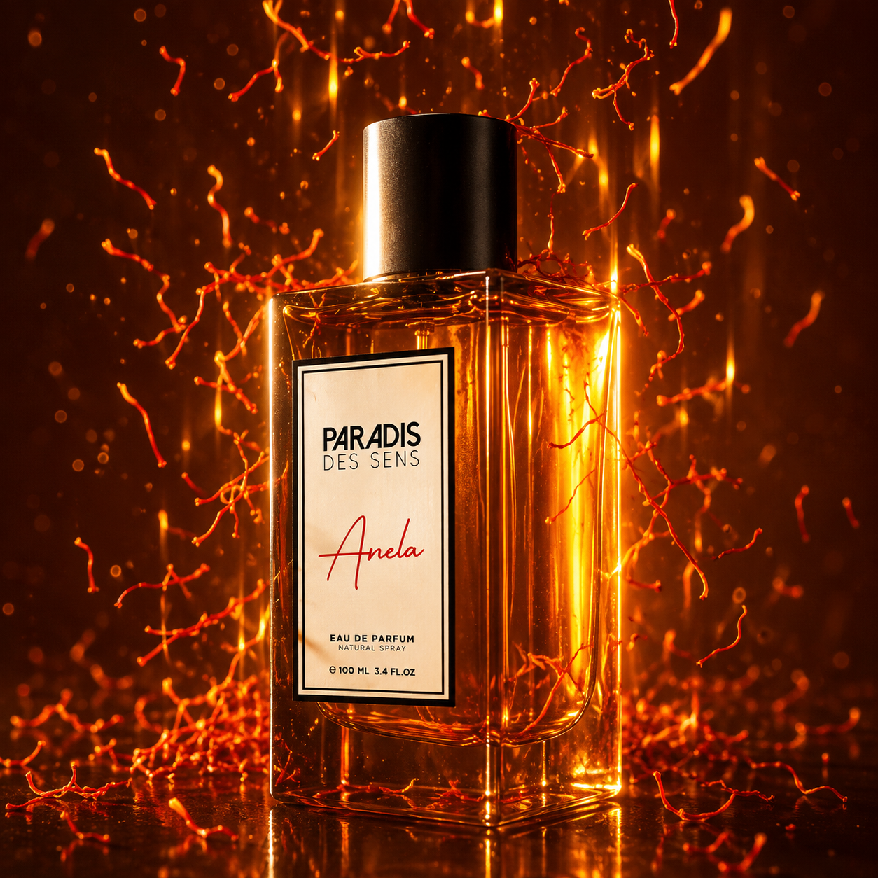 Anela de Paradis des Sens, eau de parfum 100 ml, flacon ambré en mise en scène.