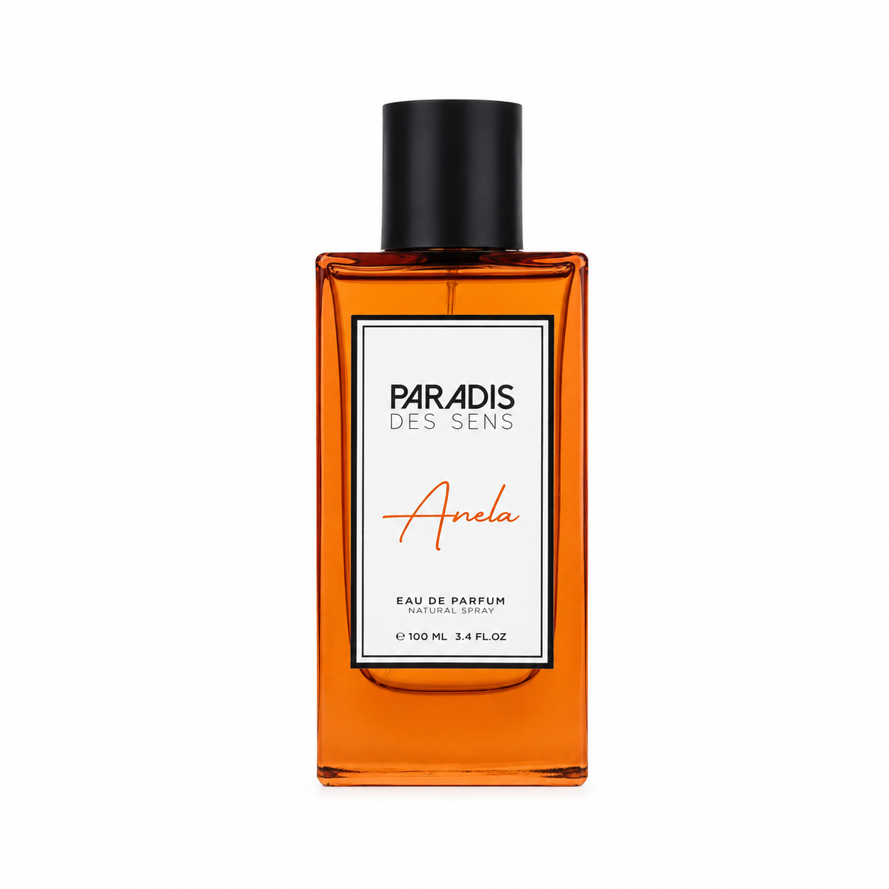 Anela de Paradis des Sens, eau de parfum 100 ml, flacon ambré de face sur fond blanc.