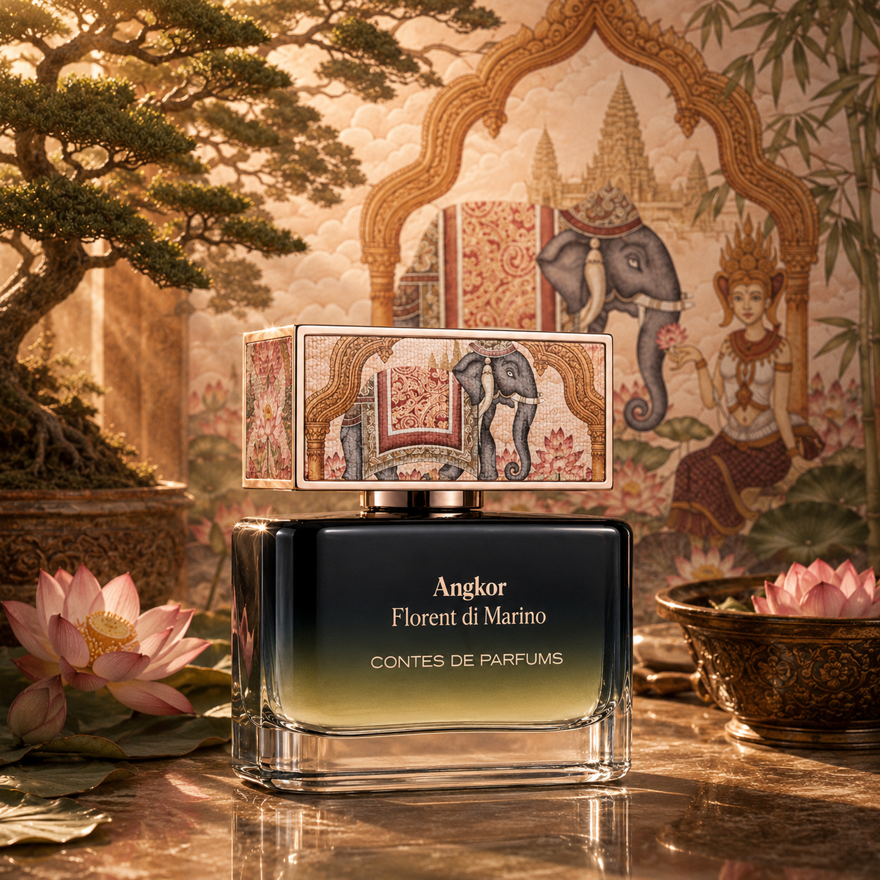 Angkor Contes de Parfums extrait de parfum 50ml collection Timeless en ambiance inspirée des temples d'Angkor avec éléphant, lotus et architecture khmère