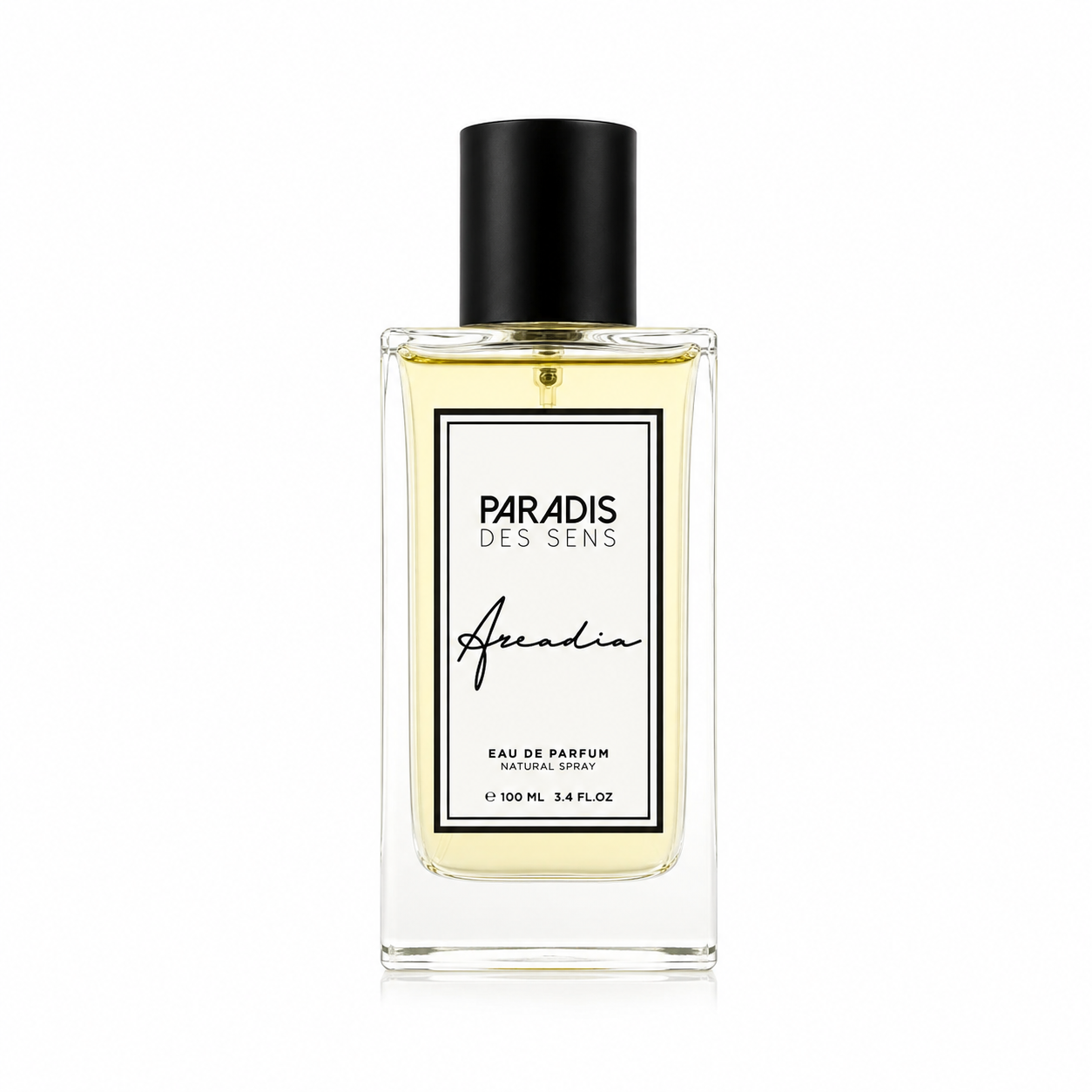 Arcadia de Paradis des Sens, eau de parfum 100 ml, flacon transparent au jus ambré de face sur fond blanc.