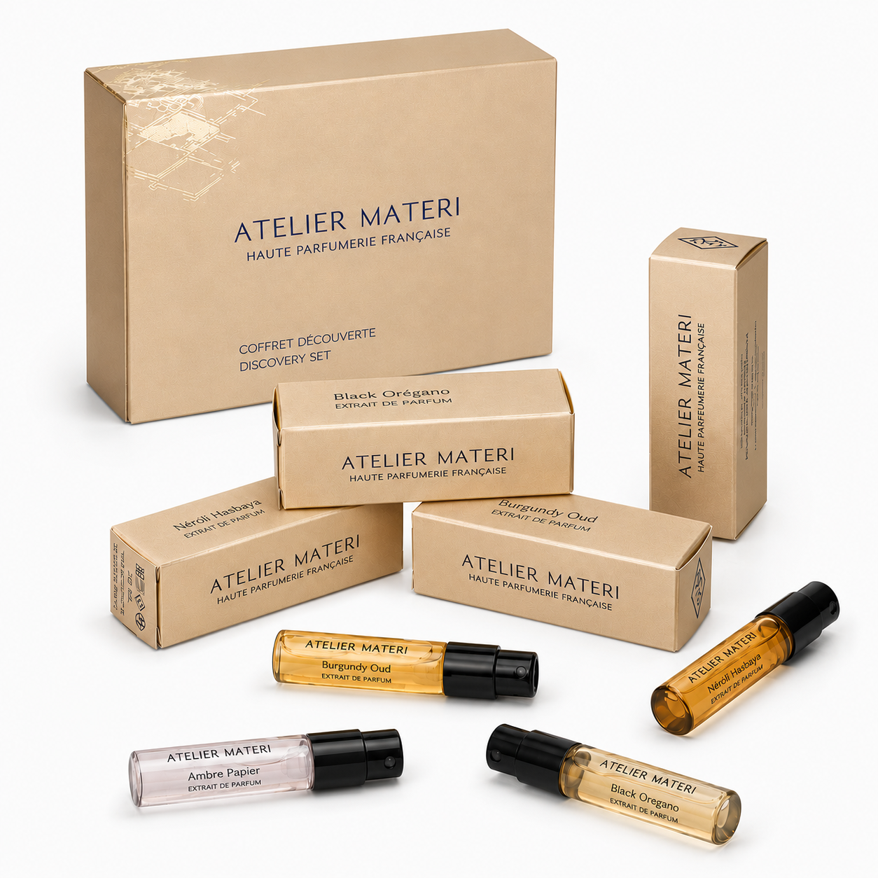 Coffret découverte Atelier Materi Extraits de Parfum avec flacons d'échantillons
