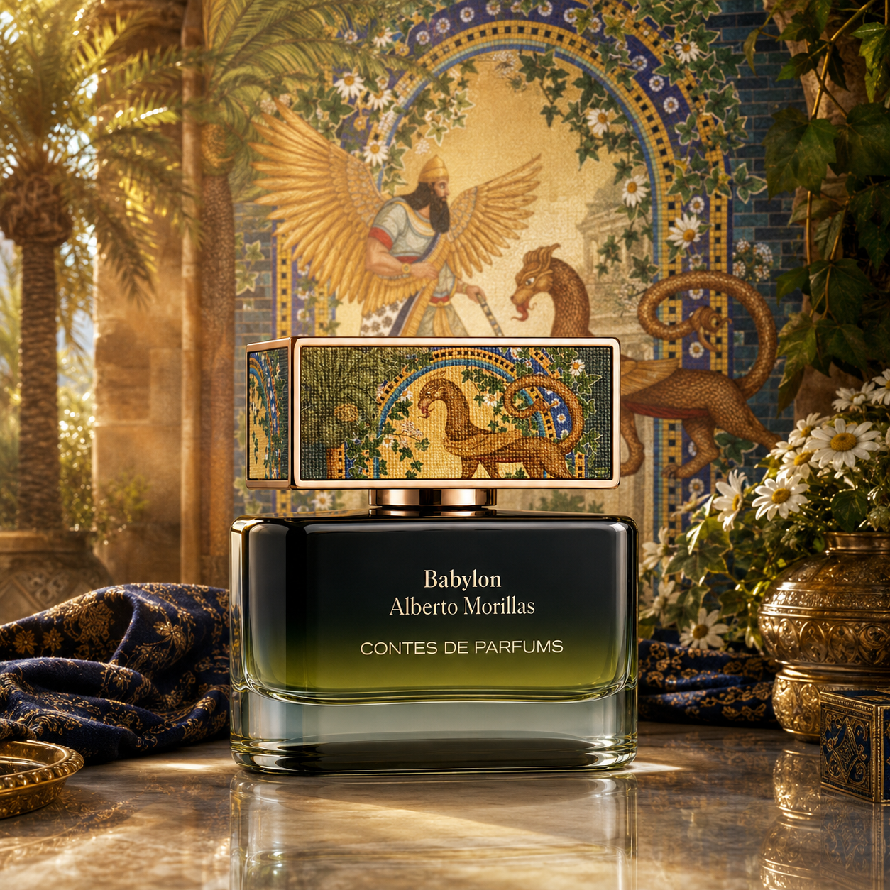 Babylon Contes de Parfums extrait de parfum 50ml collection Timeless en ambiance inspirée de Babylone avec mosaïque, griffon et jardin luxuriant