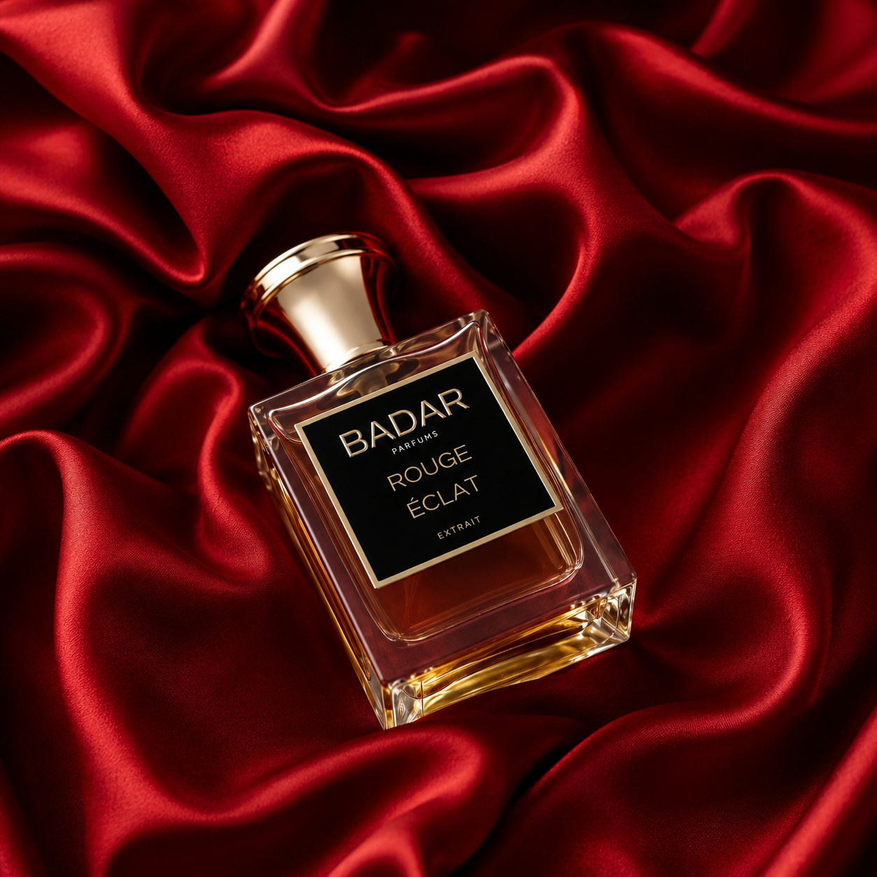 Rouge Éclat de Badar, extrait de parfum 50 ml, mise en scène évoquant la datte et les fruits rouges.