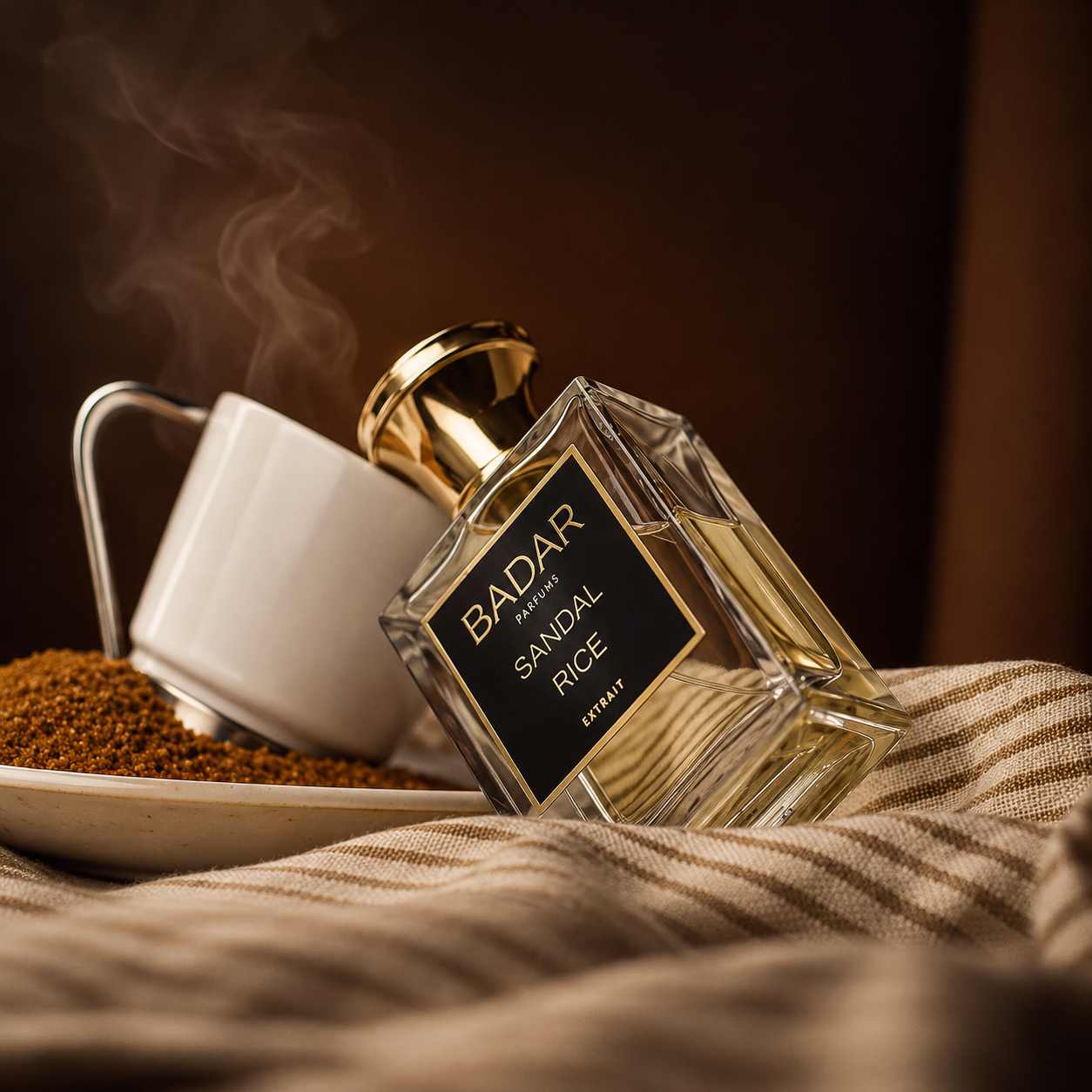 Sandal Rice de Badar, extrait de parfum 50 ml, mise en scène évoquant le riz, le café et le bois de santal.