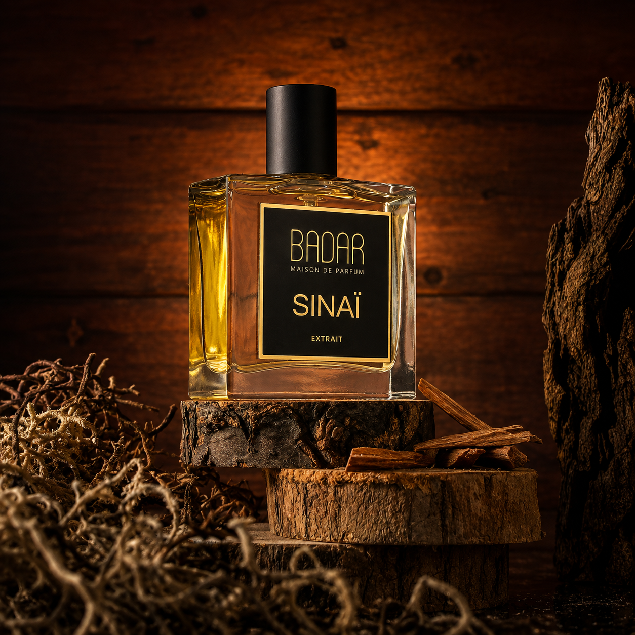 Sinaï de Badar, extrait de parfum 50 ml, mise en scène évoquant le désert et les résines ambrées.