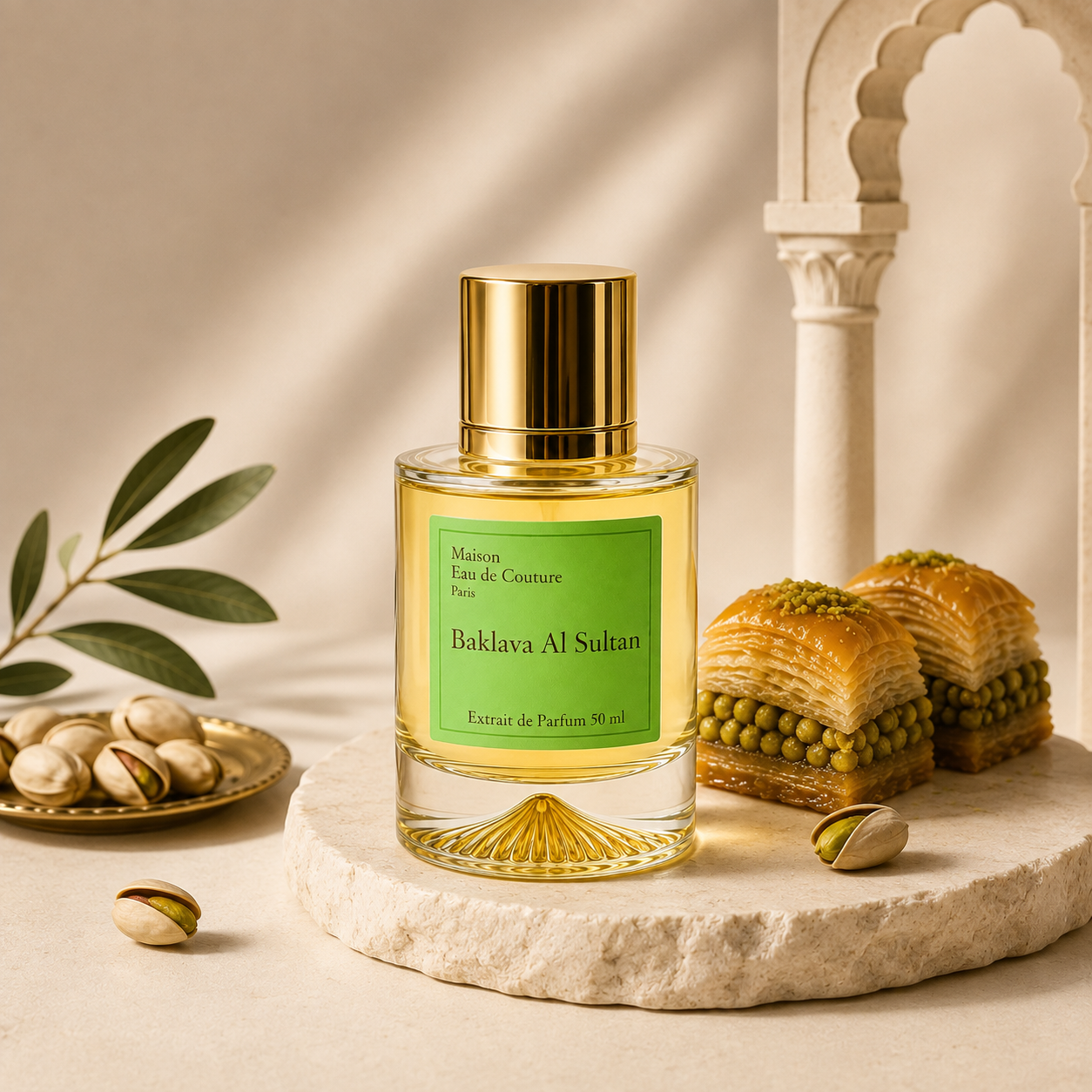 Parfum Maison Eau de Couture Baklava Al Sultan Extrait de Parfum 50 ml avec baklavas, pistaches et ambiance orientale.