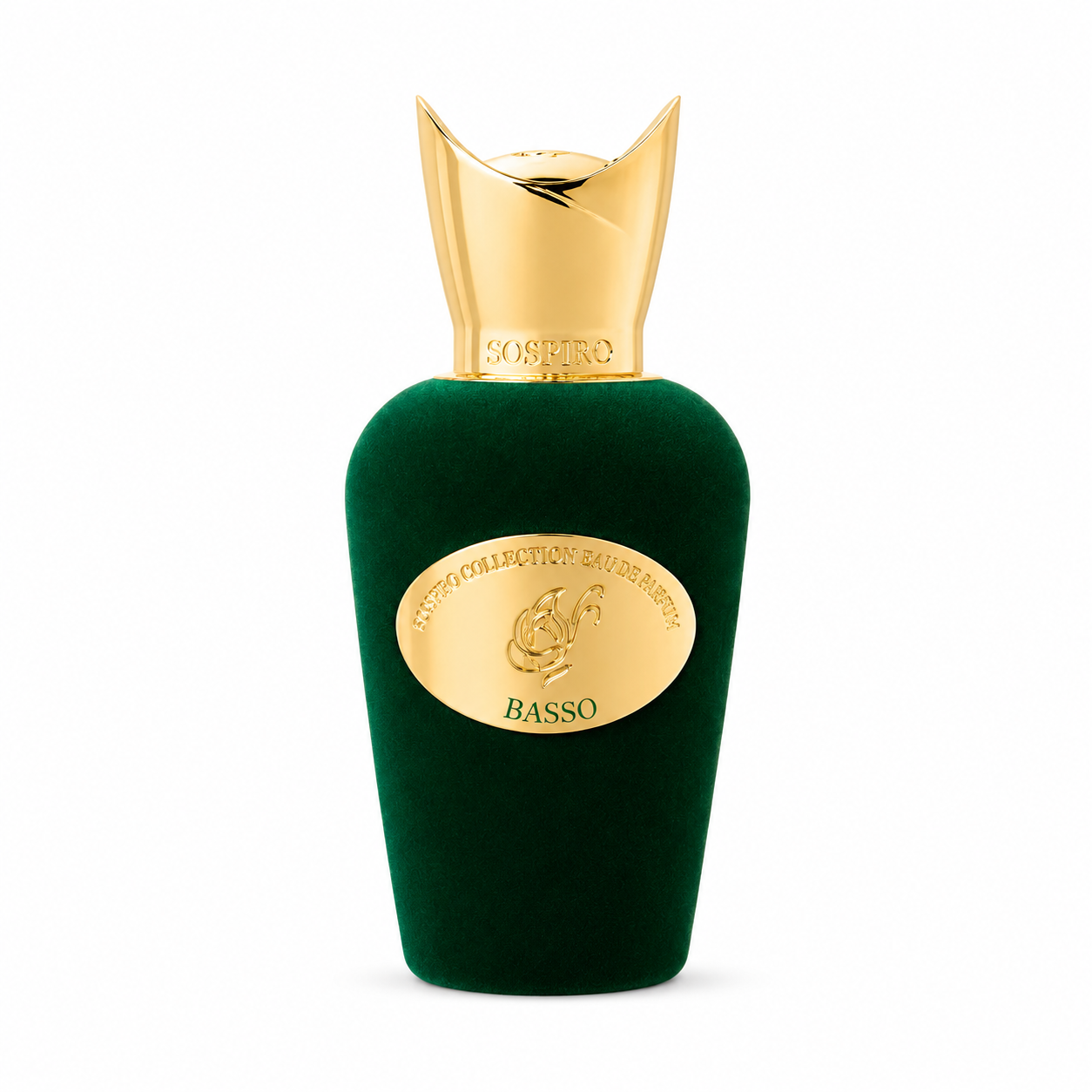 Basso de Sospiro, eau de parfum 100 ml, flacon de velours vert de face sur fond blanc.