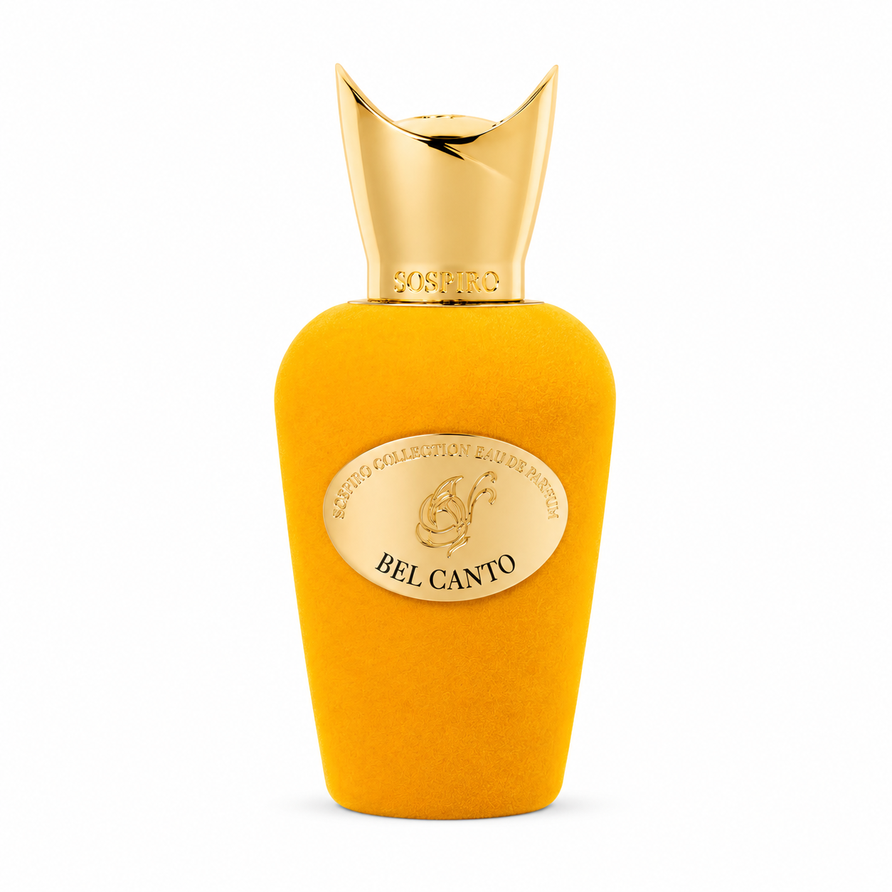 Bel Canto de Sospiro, eau de parfum 100 ml, flacon de velours jaune de face sur fond blanc.