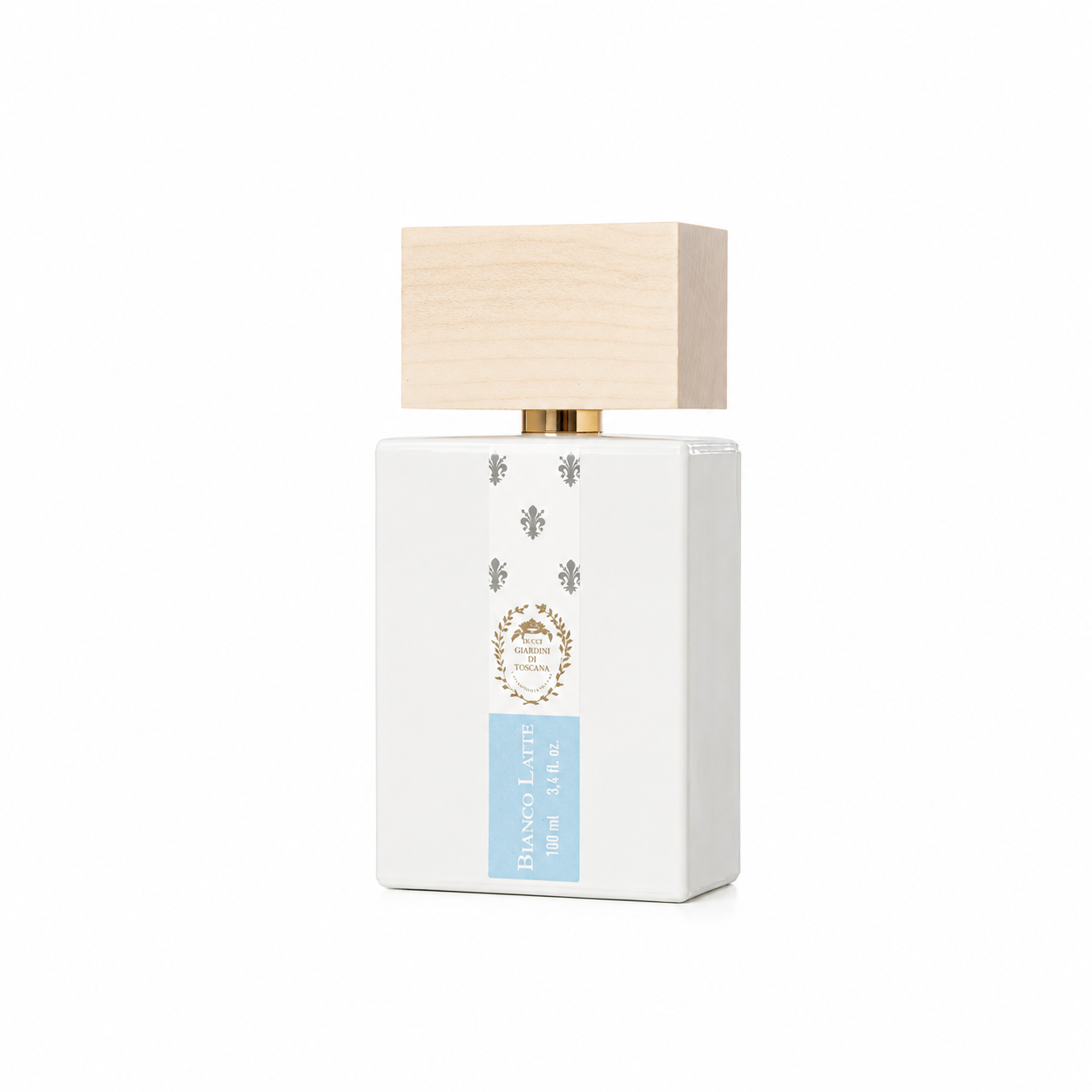 Bianco Latte Giardini di Toscana extrait de parfum 100 ml sur fond blanc