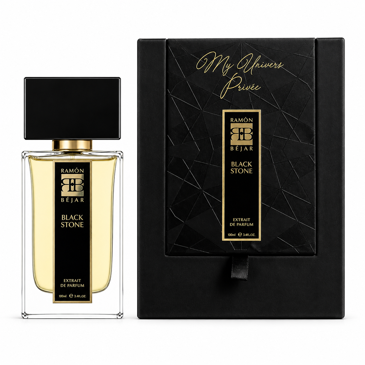 Coffret Black Stone Ramon Bejar Extrait de Parfum 100 ml avec flacon sur fond blanc