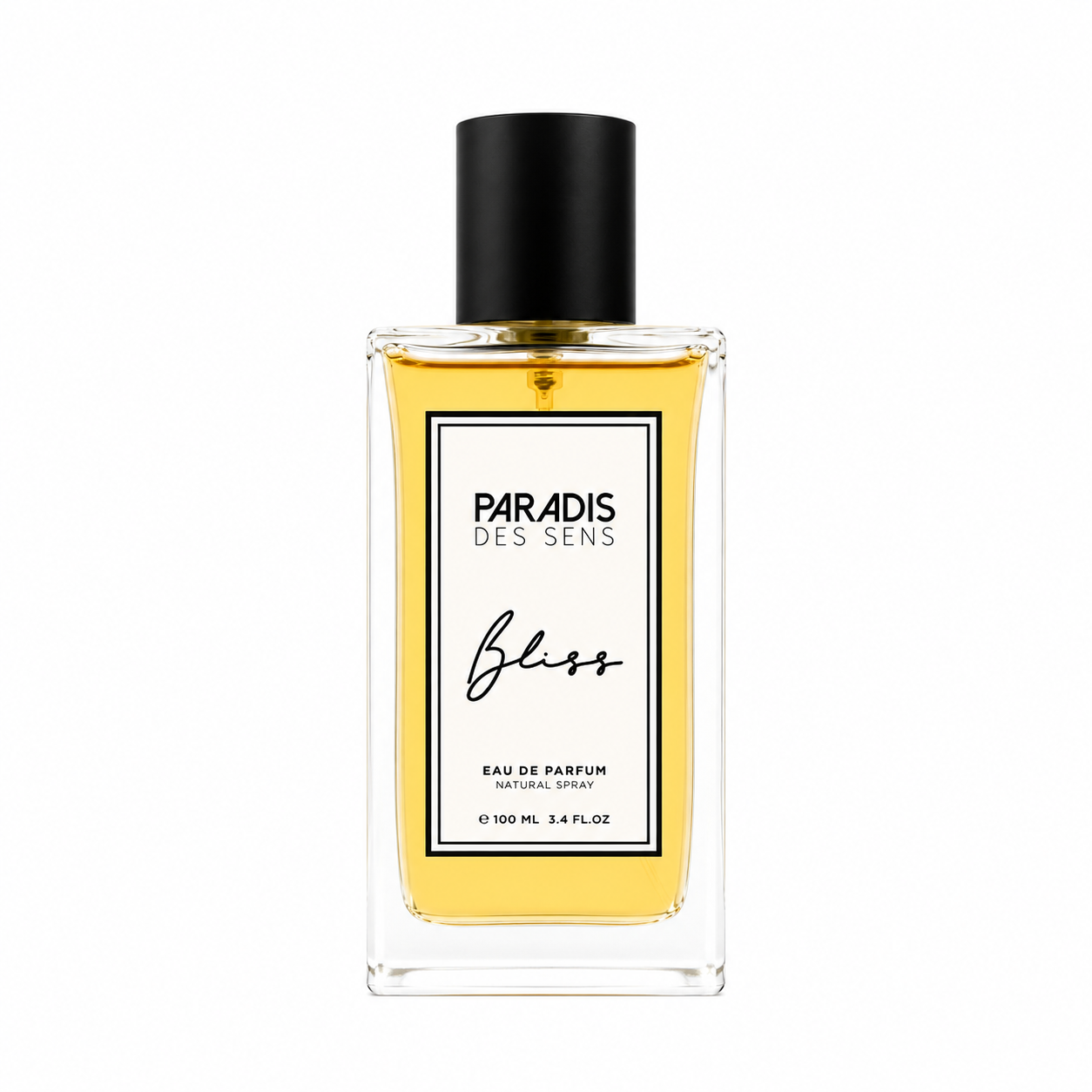 Bliss de Paradis des Sens, eau de parfum 100 ml, flacon transparent au jus ambré de face sur fond blanc.