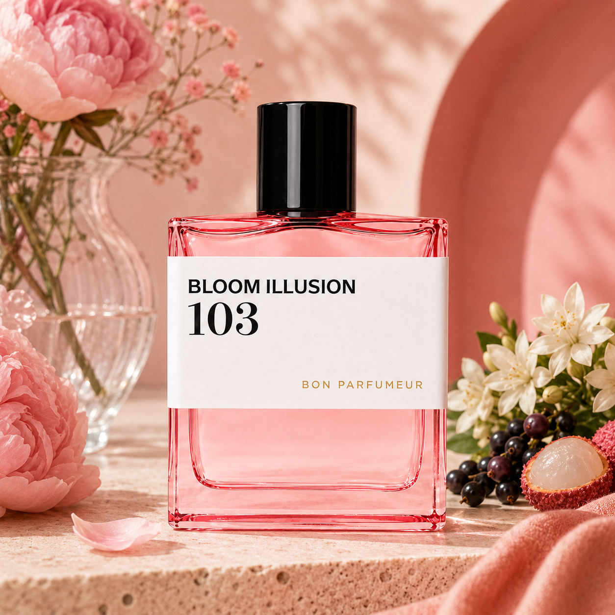 103 Bloom Illusion de Bon Parfumeur, eau de parfum 100 ml, flacon en mise en scène avec pivoines et litchi.