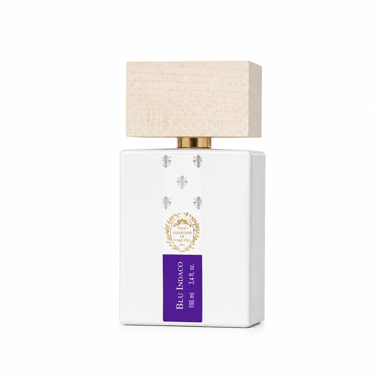 Blu Indaco by Giardini di Toscana – eau de parfum florale gourmande mixte 100ml, flacon sur fond blanc