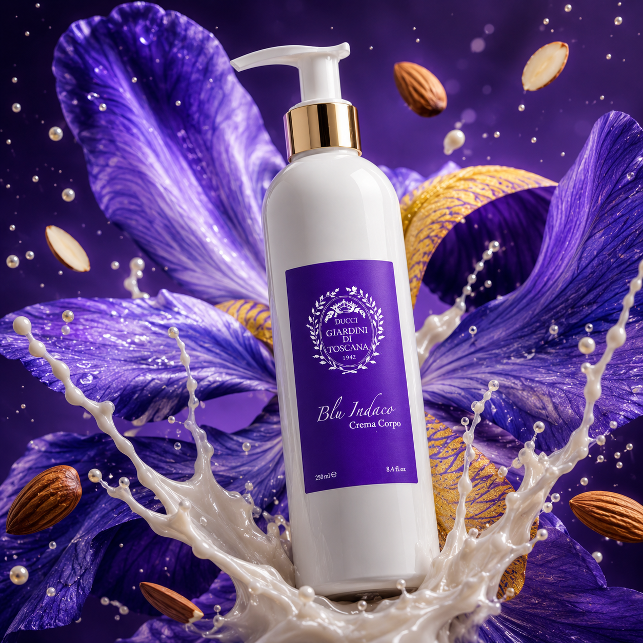 Crème pour le corps Blu Indaco 250 ml Giardini di Toscana dans un univers violet avec iris, amandes et éclaboussures de crème