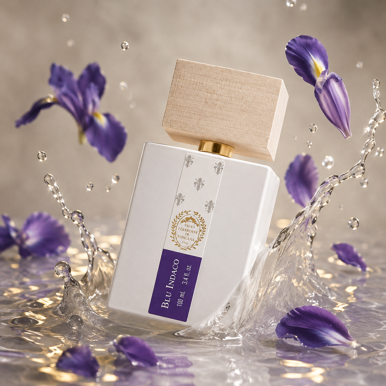 Parfum Blu Indaco Giardini di Toscana dans un univers floral iris violet et aquatique