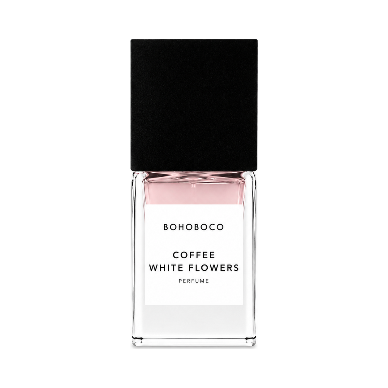 Coffee White Flowers de Bohoboco, eau de parfum 50 ml, flacon de face sur fond blanc.