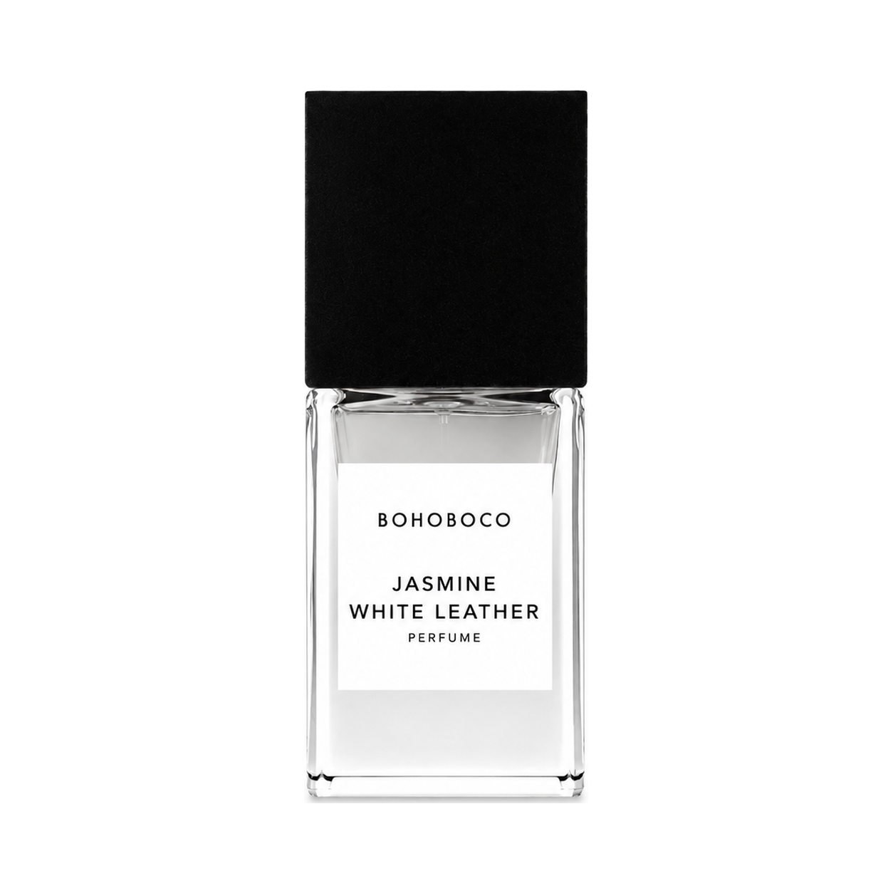 Jasmine White Leather de Bohoboco, eau de parfum 50 ml, flacon de face sur fond blanc.