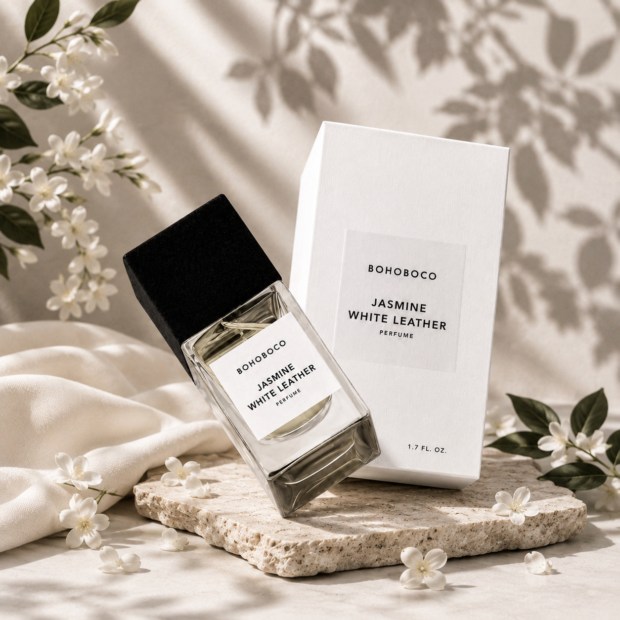 Jasmine White Leather de Bohoboco, mise en scène artistique du flacon d'eau de parfum.