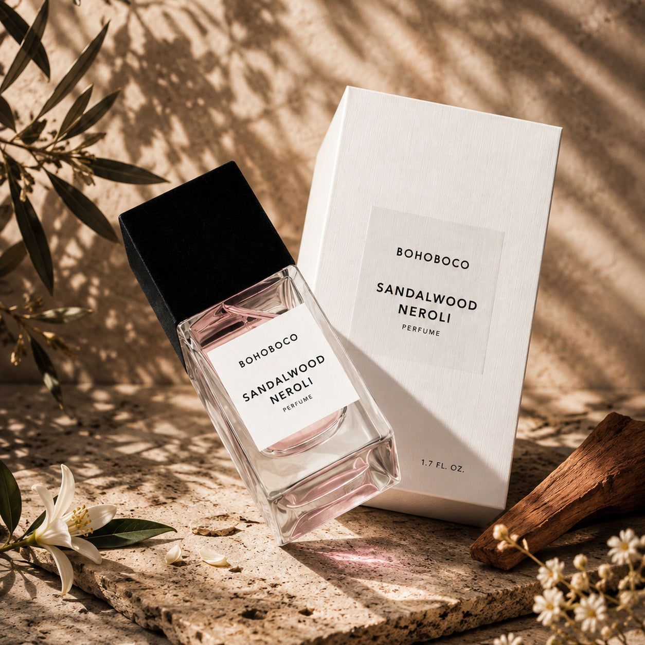Sandalwood Neroli de Bohoboco, mise en scène artistique du flacon d'eau de parfum.