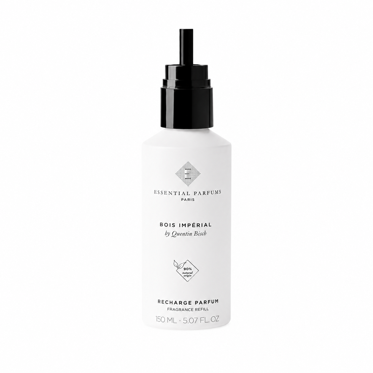 Bois Impérial d'Essential Parfums, recharge parfum 150 ml avec embout verseur, flacon de face sur fond blanc.