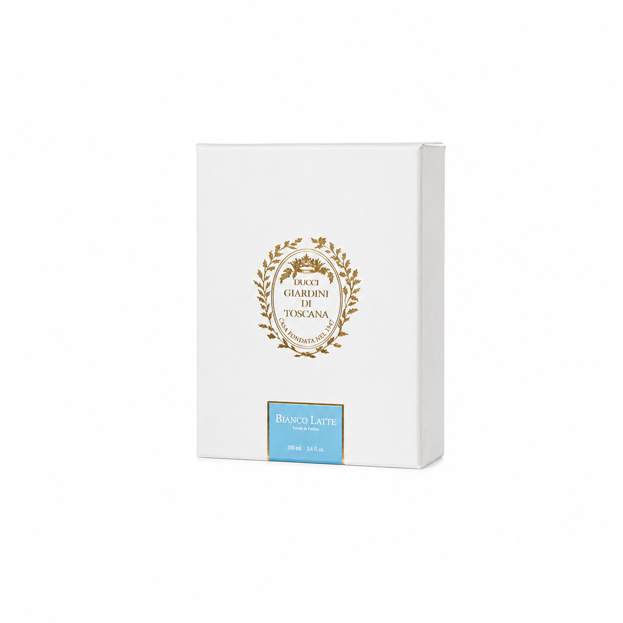Boîte Bianco Latte Giardini di Toscana extrait de parfum 100 ml sur fond blanc