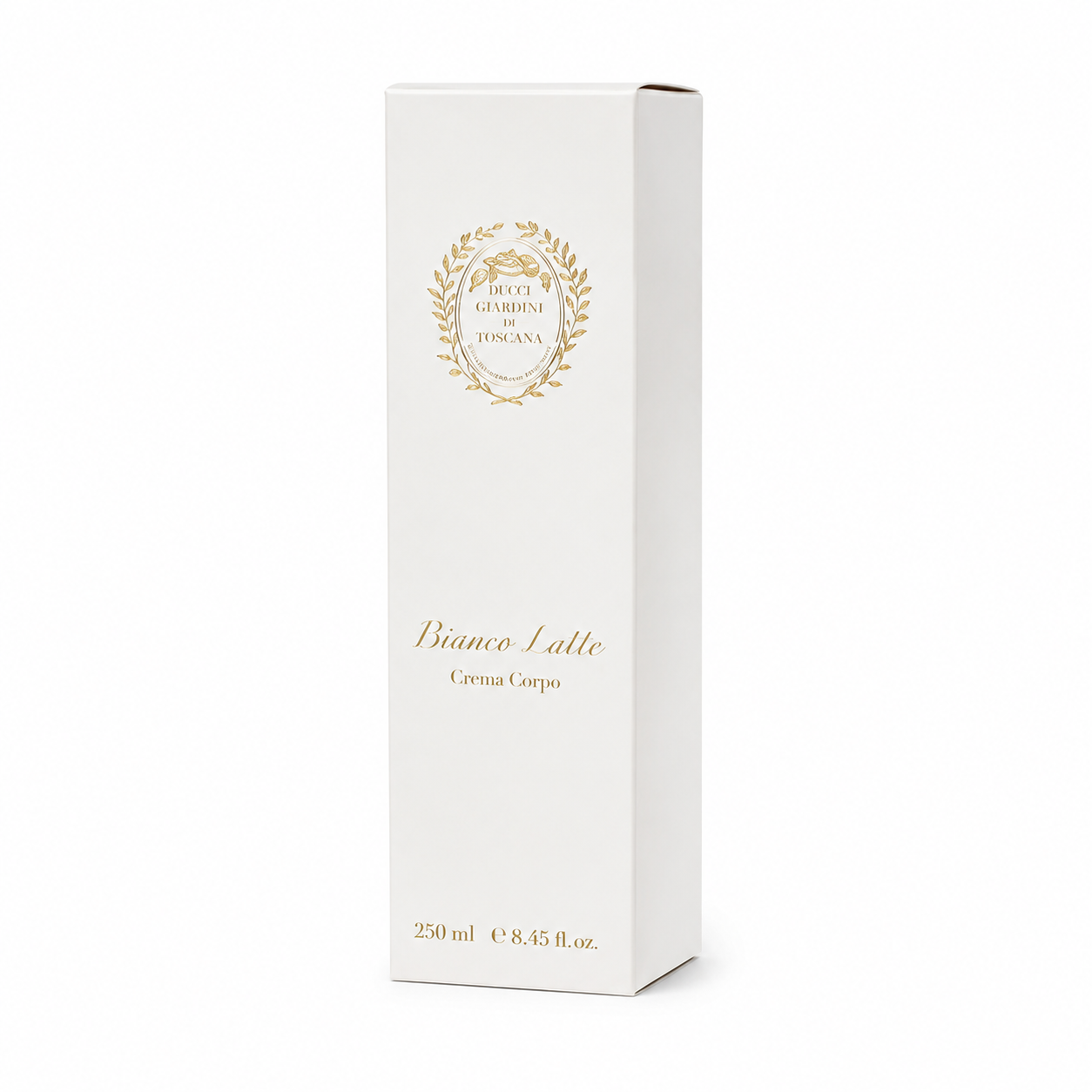 Boîte crème corps Bianco Latte Giardini di Toscana 250 ml sur fond blanc