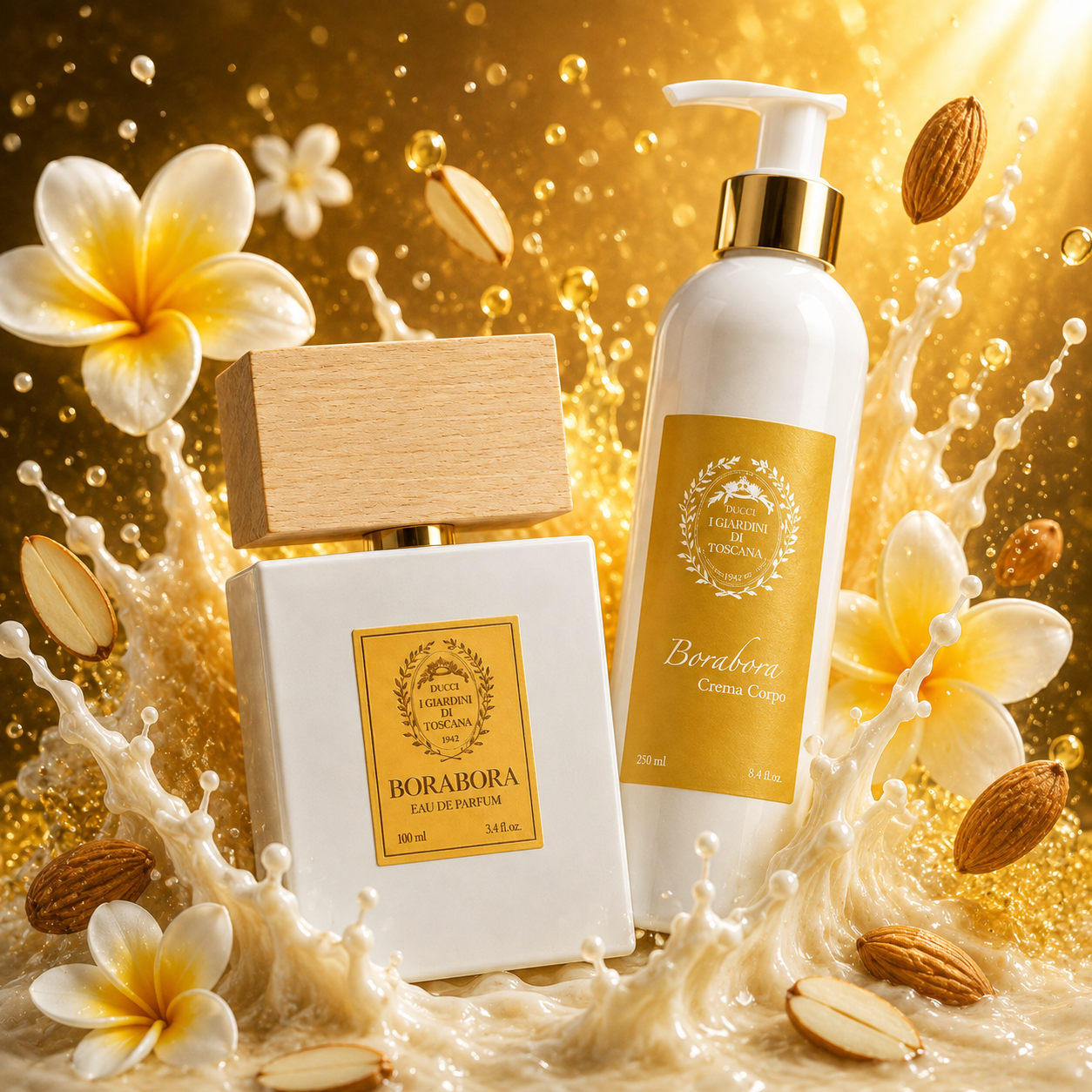 Parfum Borabora 100 ml et crème corps 250 ml Giardini di Toscana dans un univers gourmand tropical avec noix de coco fleurs de frangipanier amandes et accord lacté