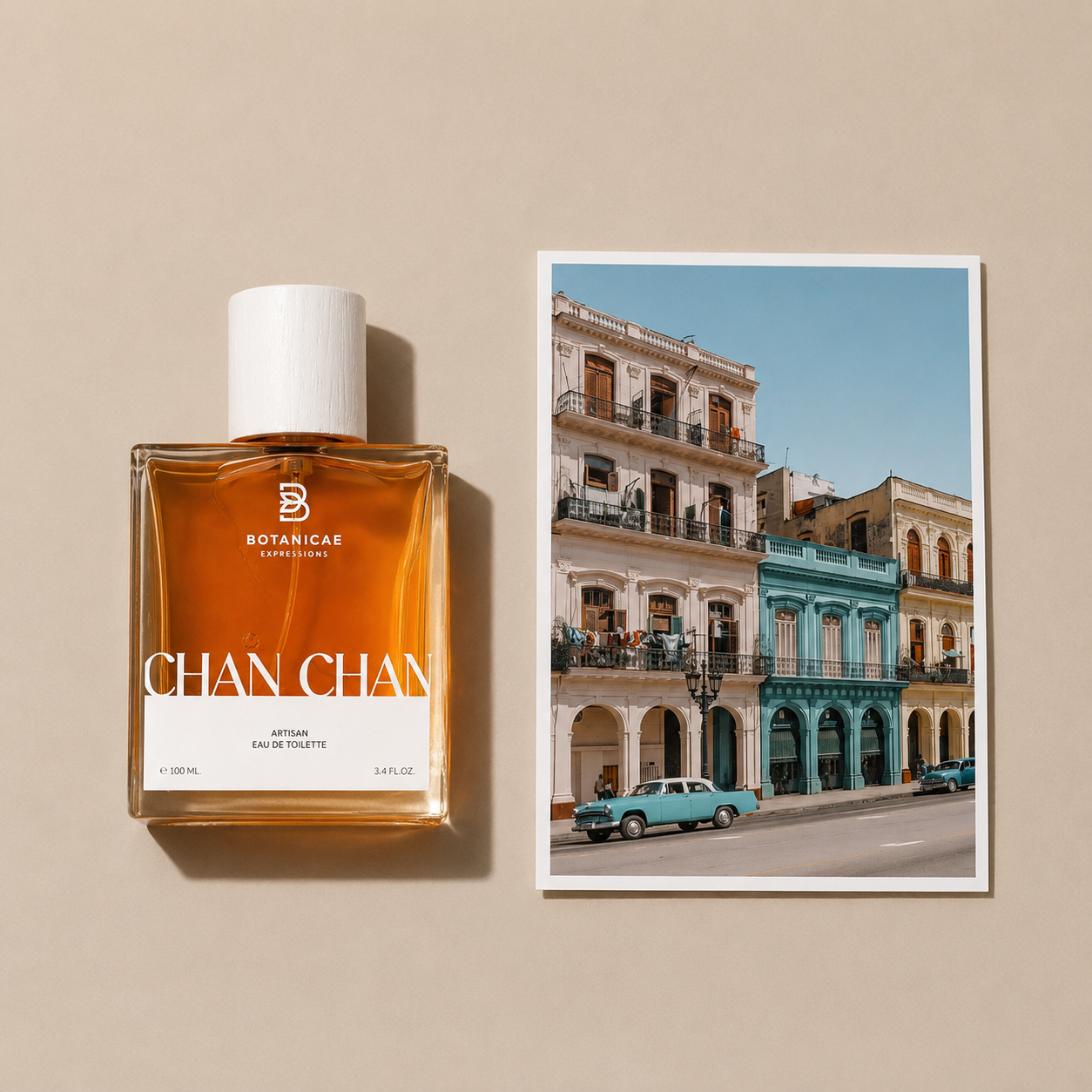Chan Chan de Botanicae, eau de toilette intense 100 ml, mise en scène évoquant les feuilles de tabac fraîches et le monoï.
