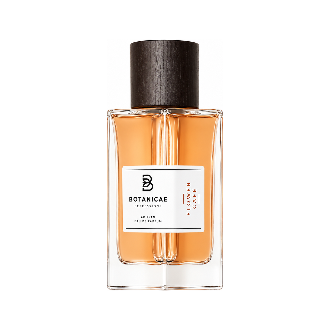 Flower Cafe de Botanicae, eau de parfum 100 ml, flacon de face sur fond blanc.