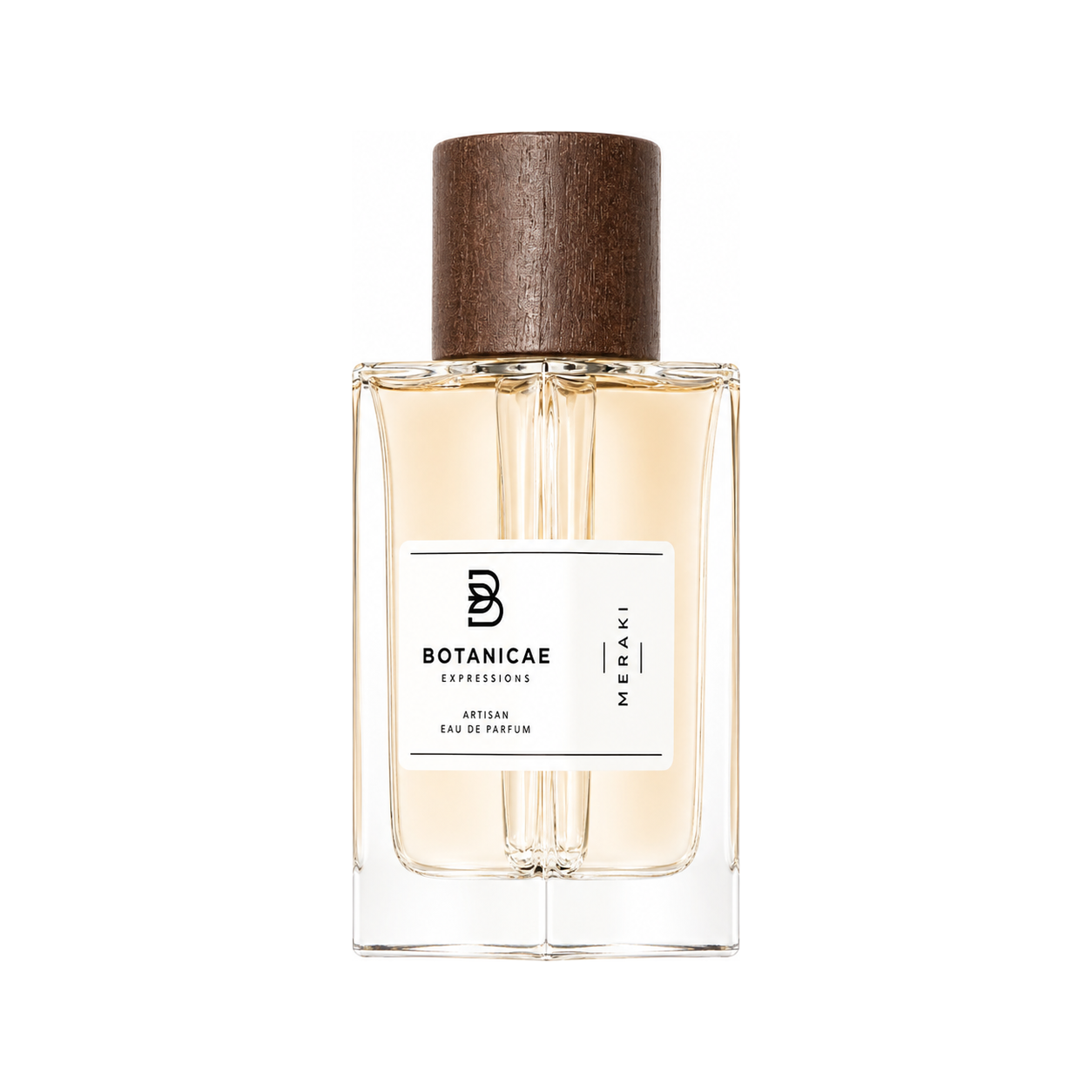 Meraki de Botanicae, eau de parfum 100 ml, flacon de face sur fond blanc.