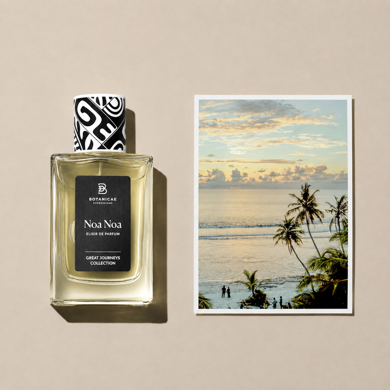 Noa Noa de Botanicae, élixir de parfum 75 ml, mise en scène évoquant la Polynésie et le monoï.