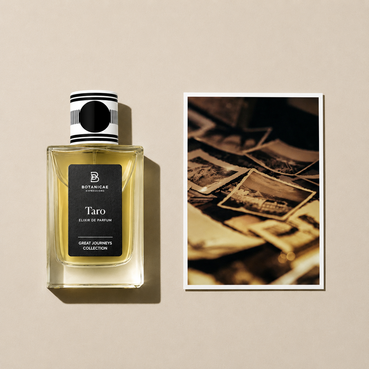 Taro de Botanicae, élixir de parfum 75 ml, mise en scène évoquant l'ananas et le safran.