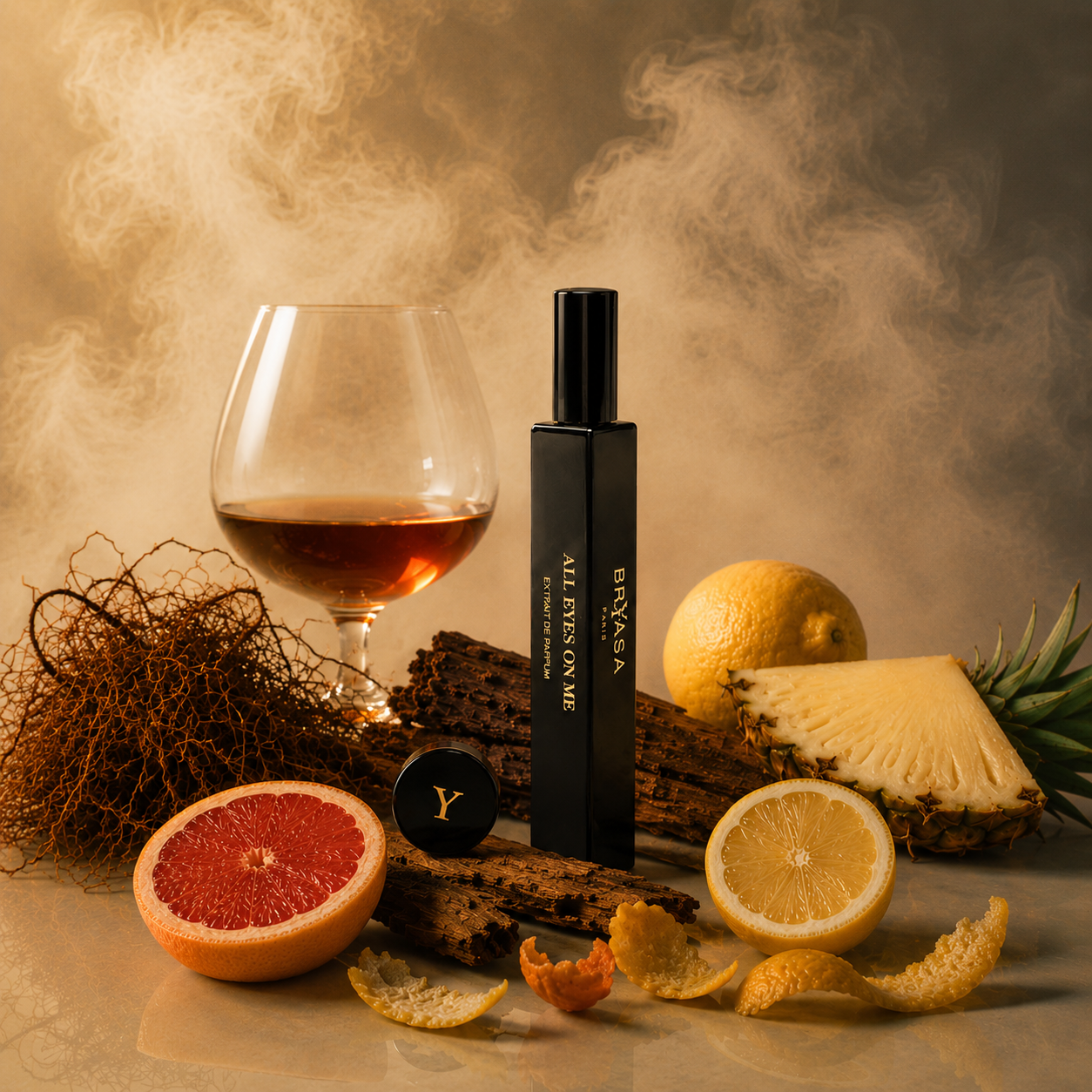 Briyasa All Eyes On Me Extrait de Parfum 10 ml dans une mise en scène avec agrumes, ananas, bois, verre de spiritueux et volutes de fumée